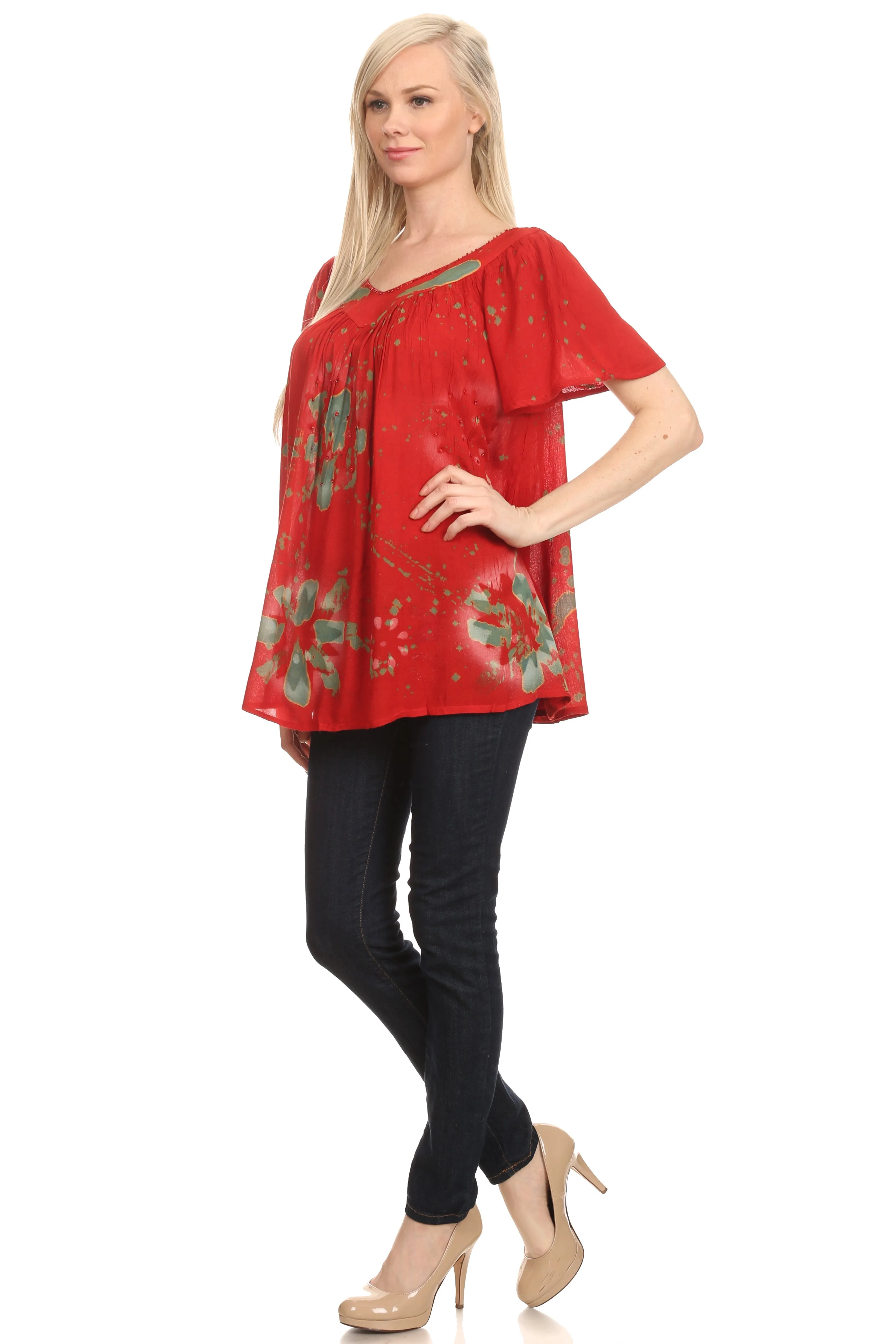 Sakkas Poppy Floral Hand Dyed Dye Pattern Top Blouse With Beaded Sequin V Neck