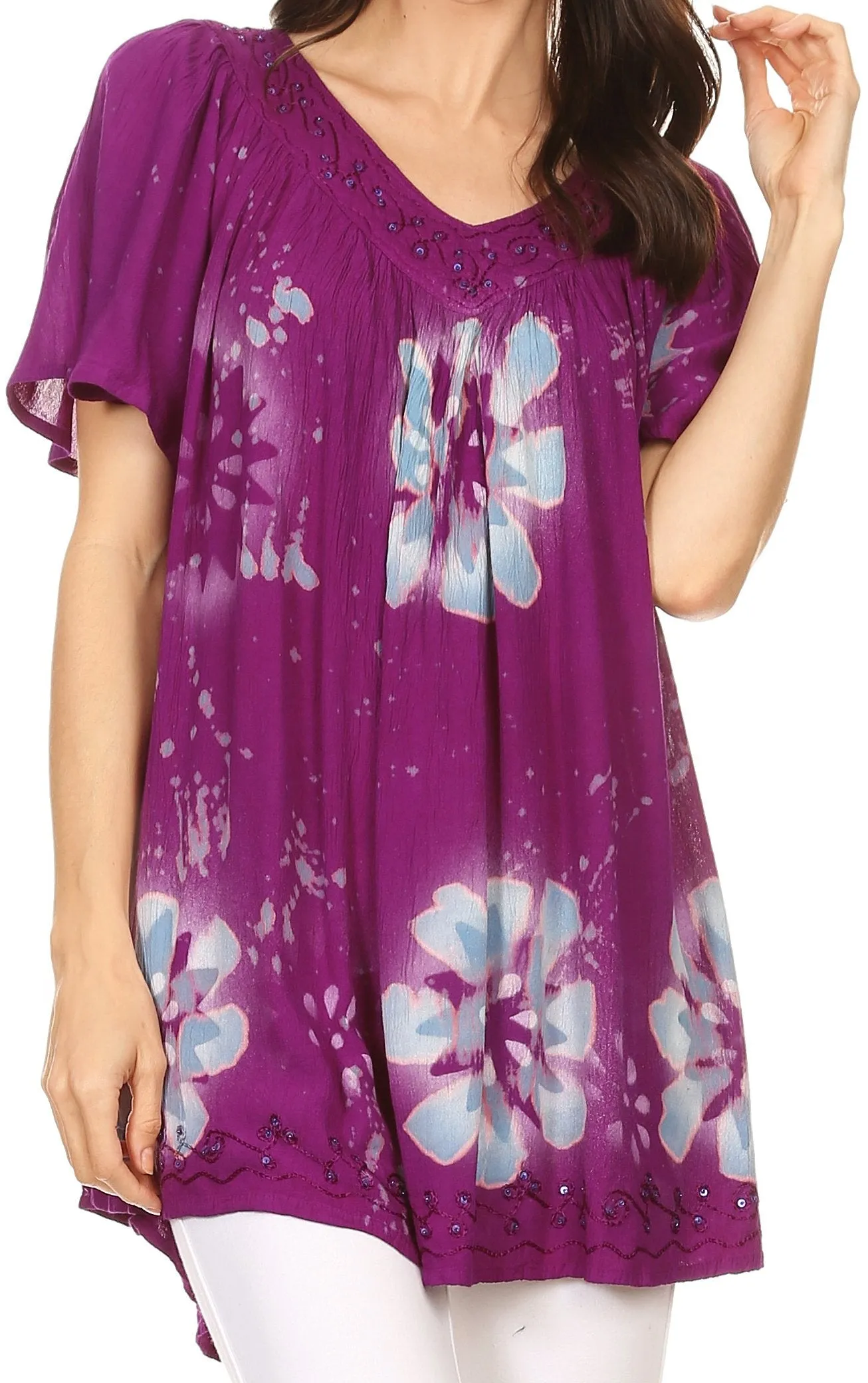 Sakkas Poppy Floral Hand Dyed Dye Pattern Top Blouse With Beaded Sequin V Neck