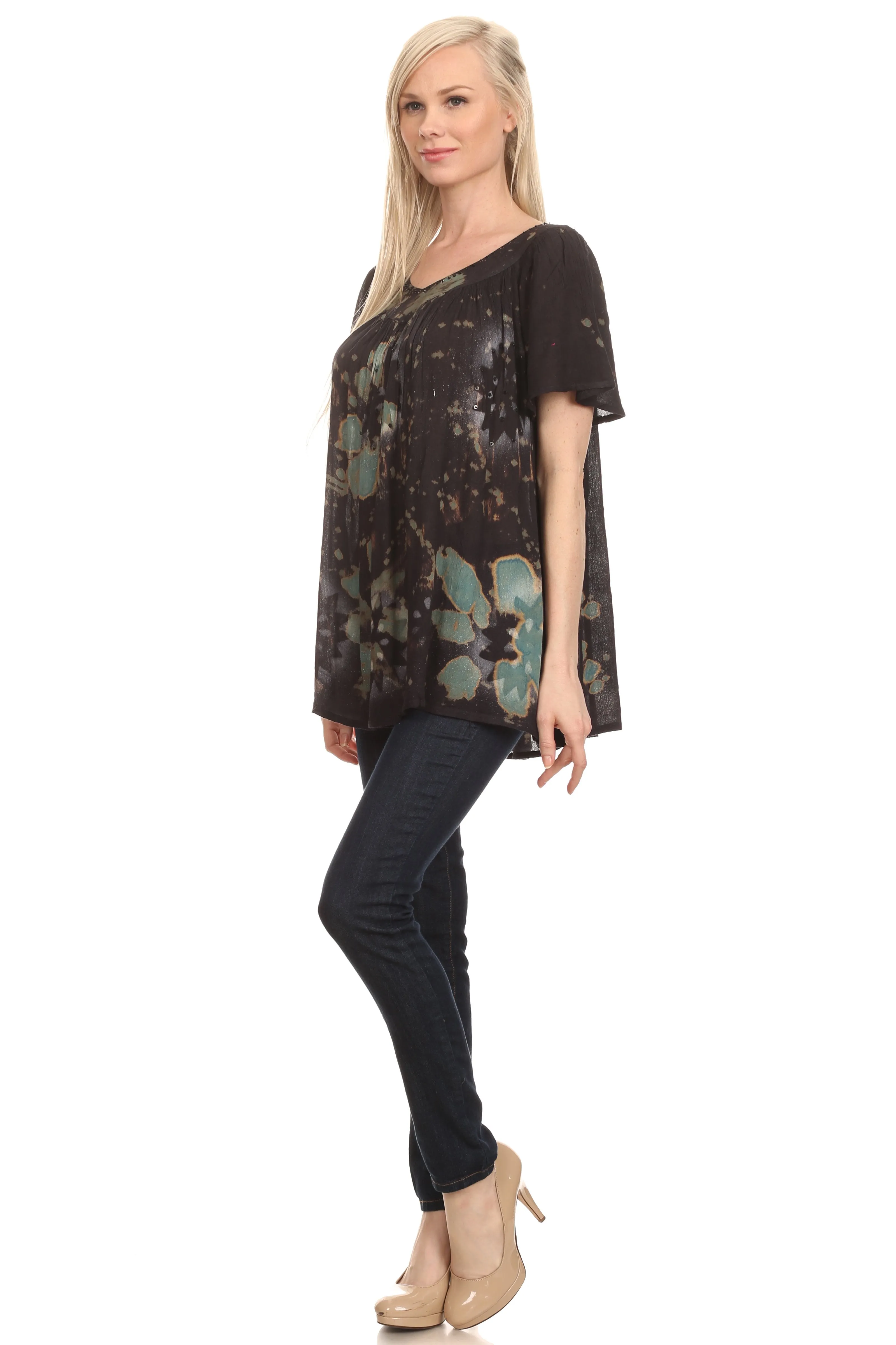 Sakkas Poppy Floral Hand Dyed Dye Pattern Top Blouse With Beaded Sequin V Neck