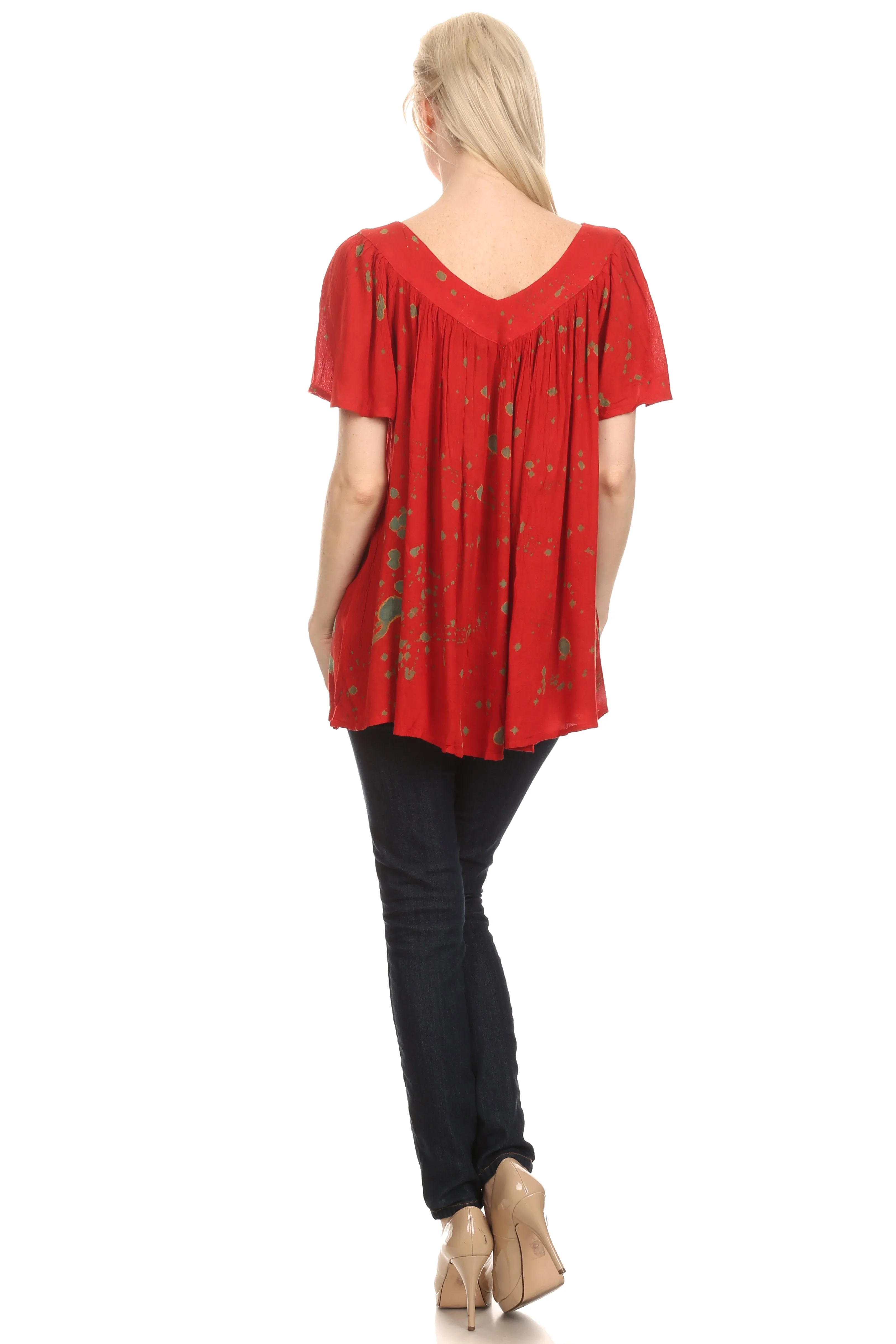 Sakkas Poppy Floral Hand Dyed Dye Pattern Top Blouse With Beaded Sequin V Neck