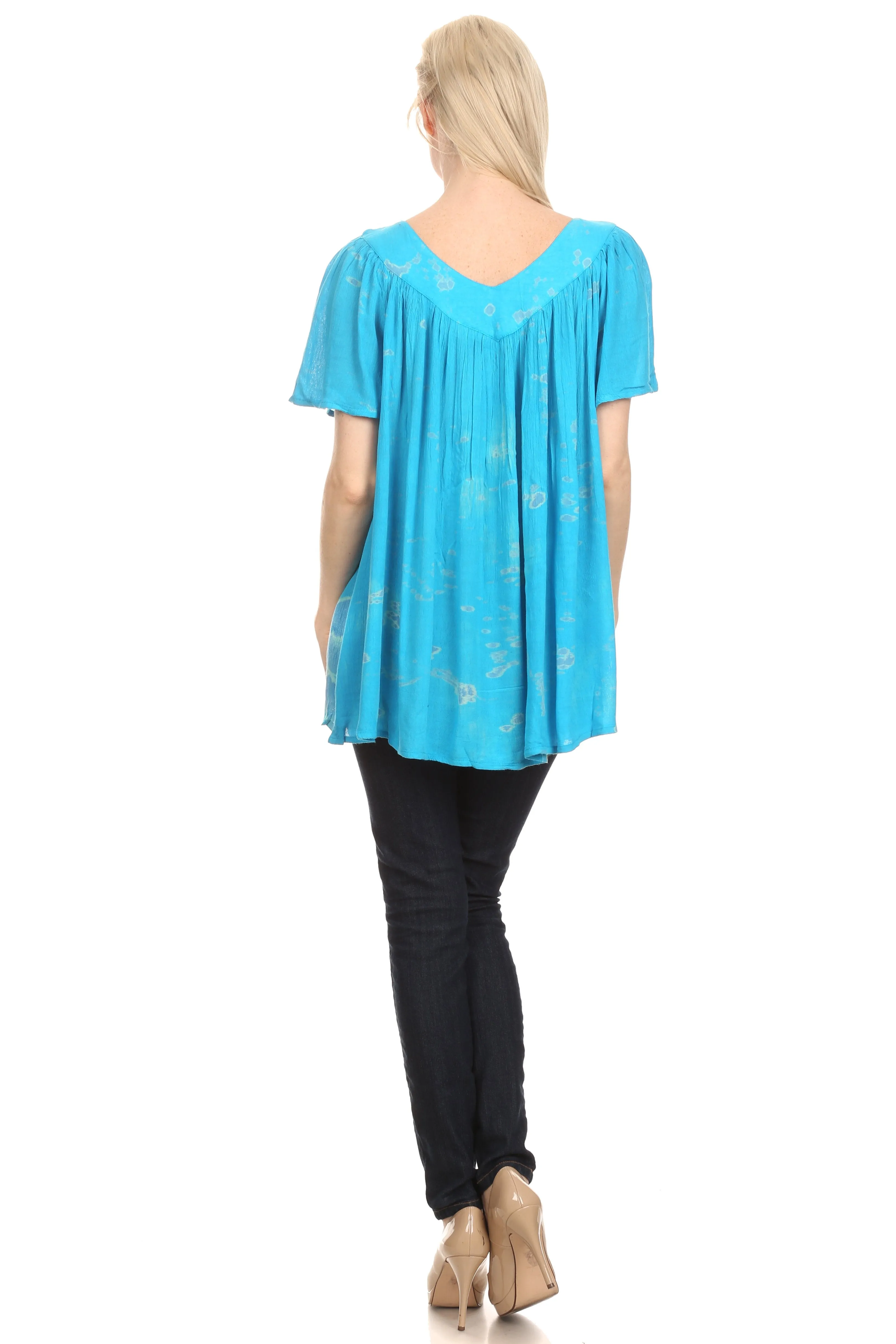 Sakkas Poppy Floral Hand Dyed Dye Pattern Top Blouse With Beaded Sequin V Neck