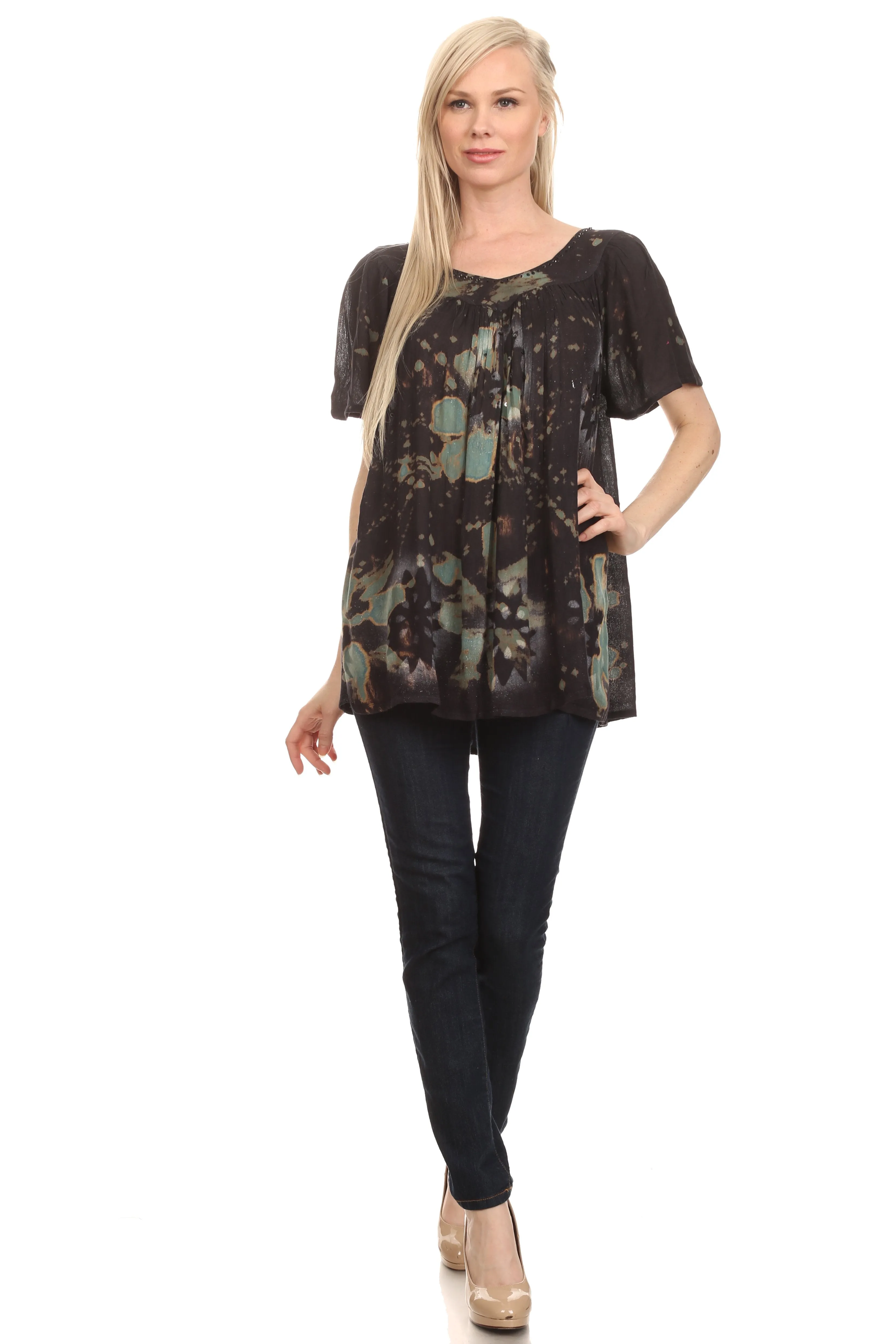 Sakkas Poppy Floral Hand Dyed Dye Pattern Top Blouse With Beaded Sequin V Neck