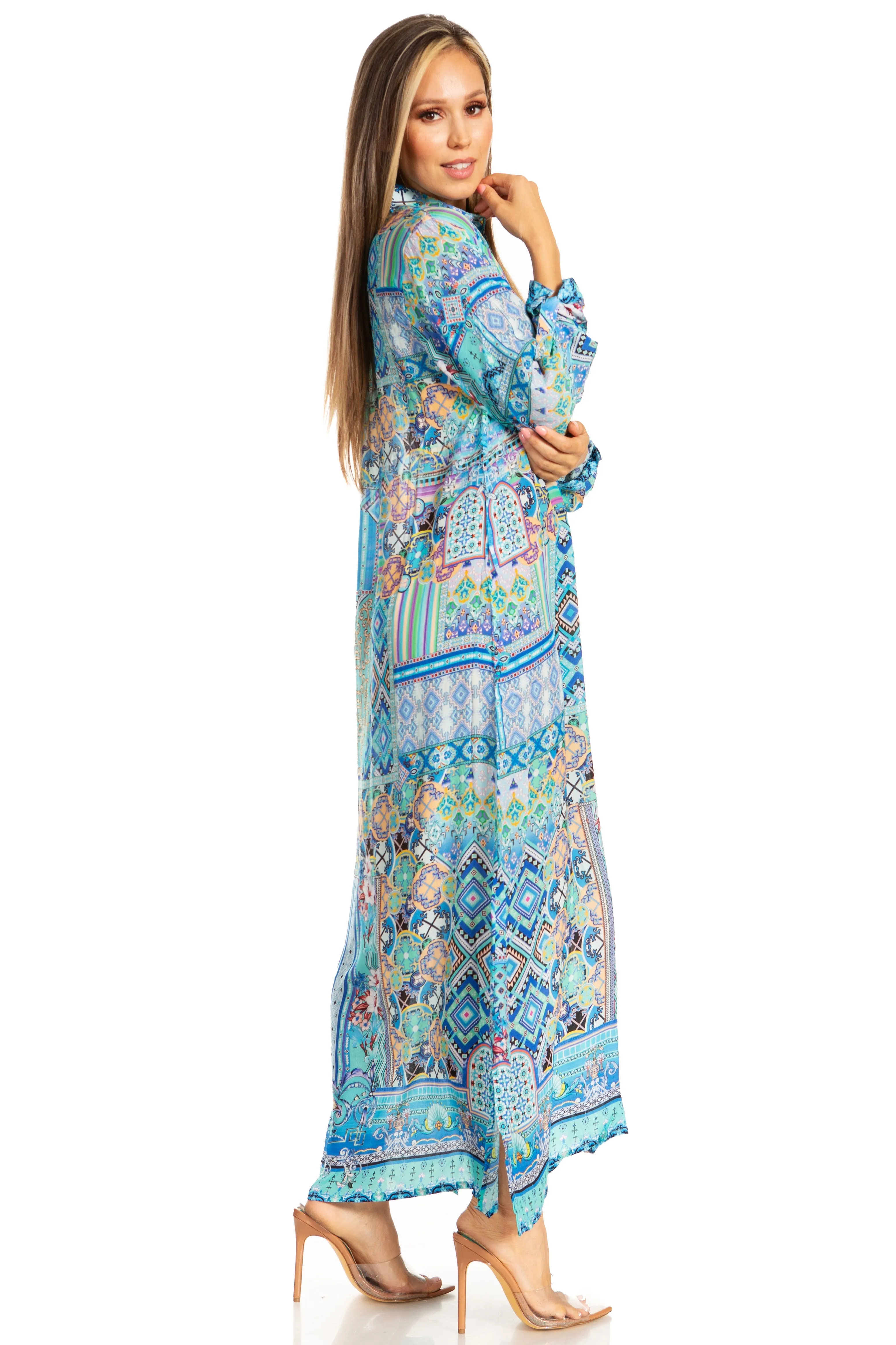 Sakkas Womens Long Sleeves Button Down Spring/Summer Maxi Shirt dress/Beachwear