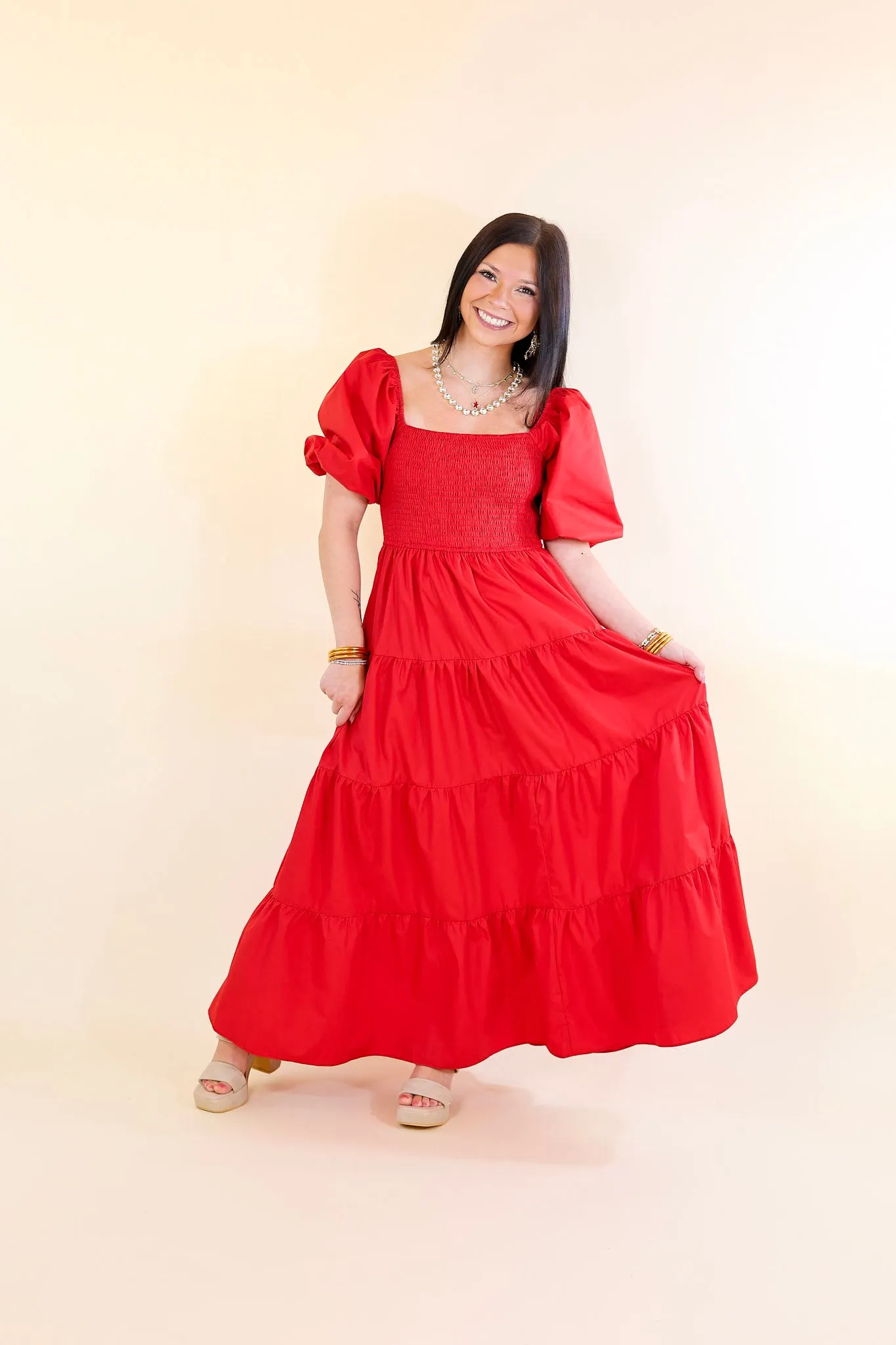 Santorini Sunshine Short Balloon Sleeve Maxi Dress in Red