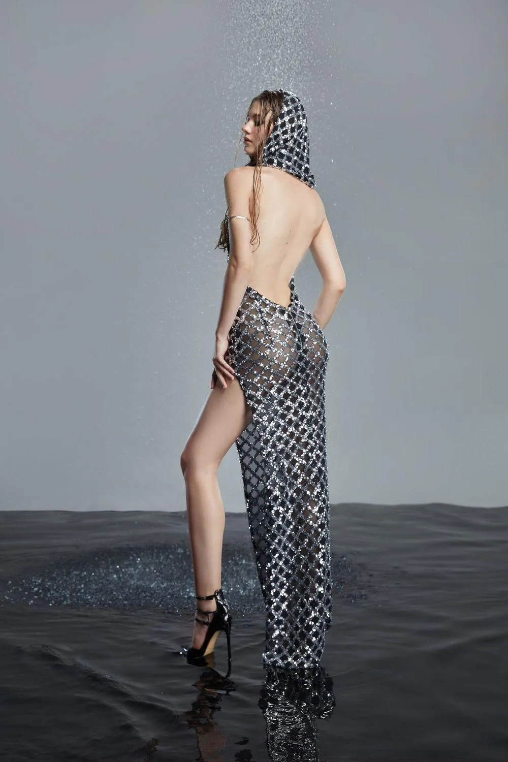 Sara Slit Backless Mesh Sequin Maxi Dress