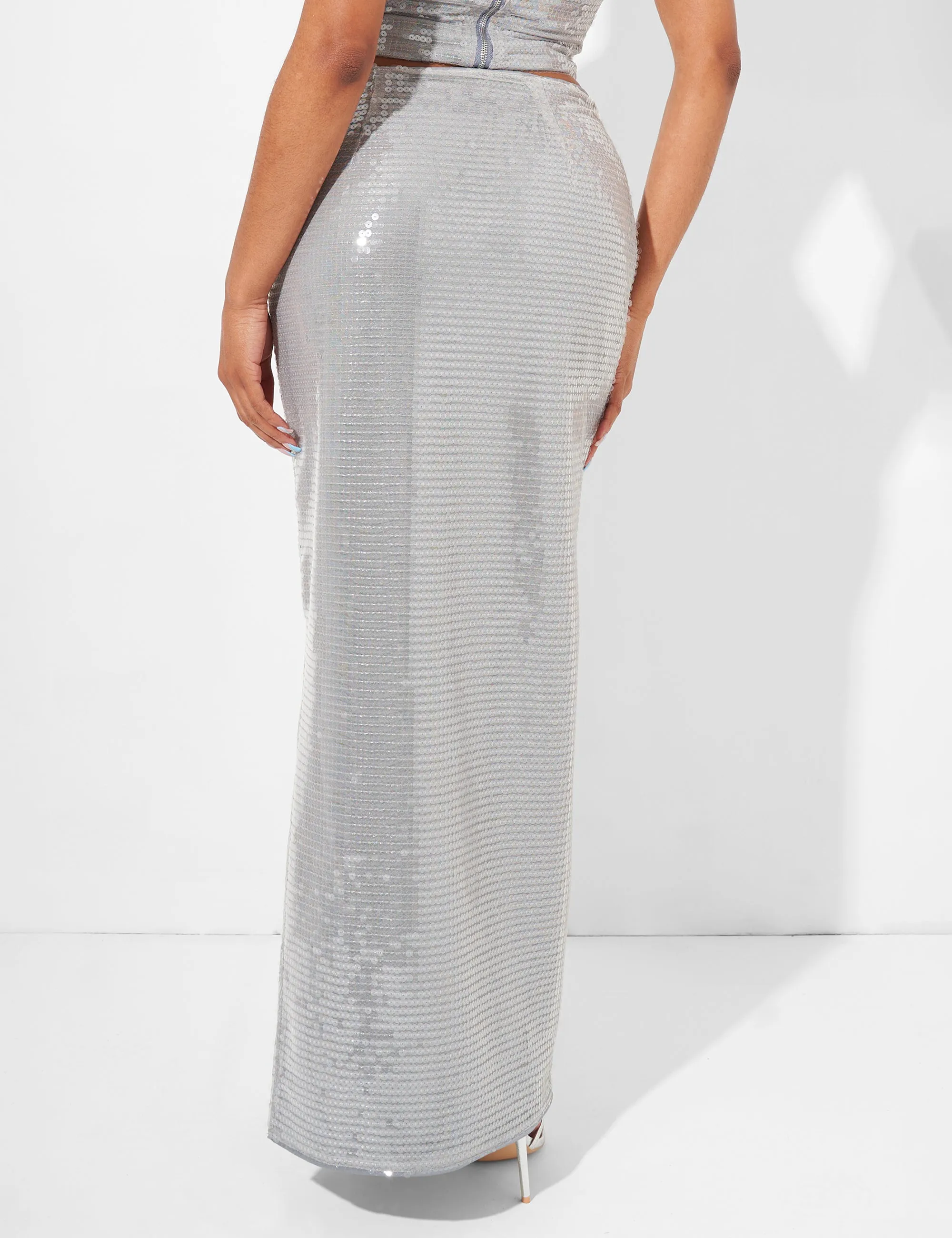 Sequin Maxi Skirt Grey