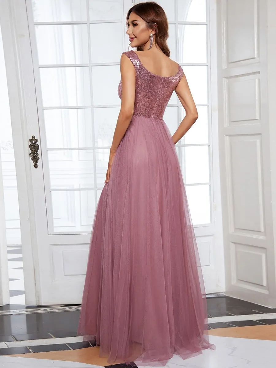 Shiny Sequin Bodice Off the Shoulder Maxi Tulle Evening Dress