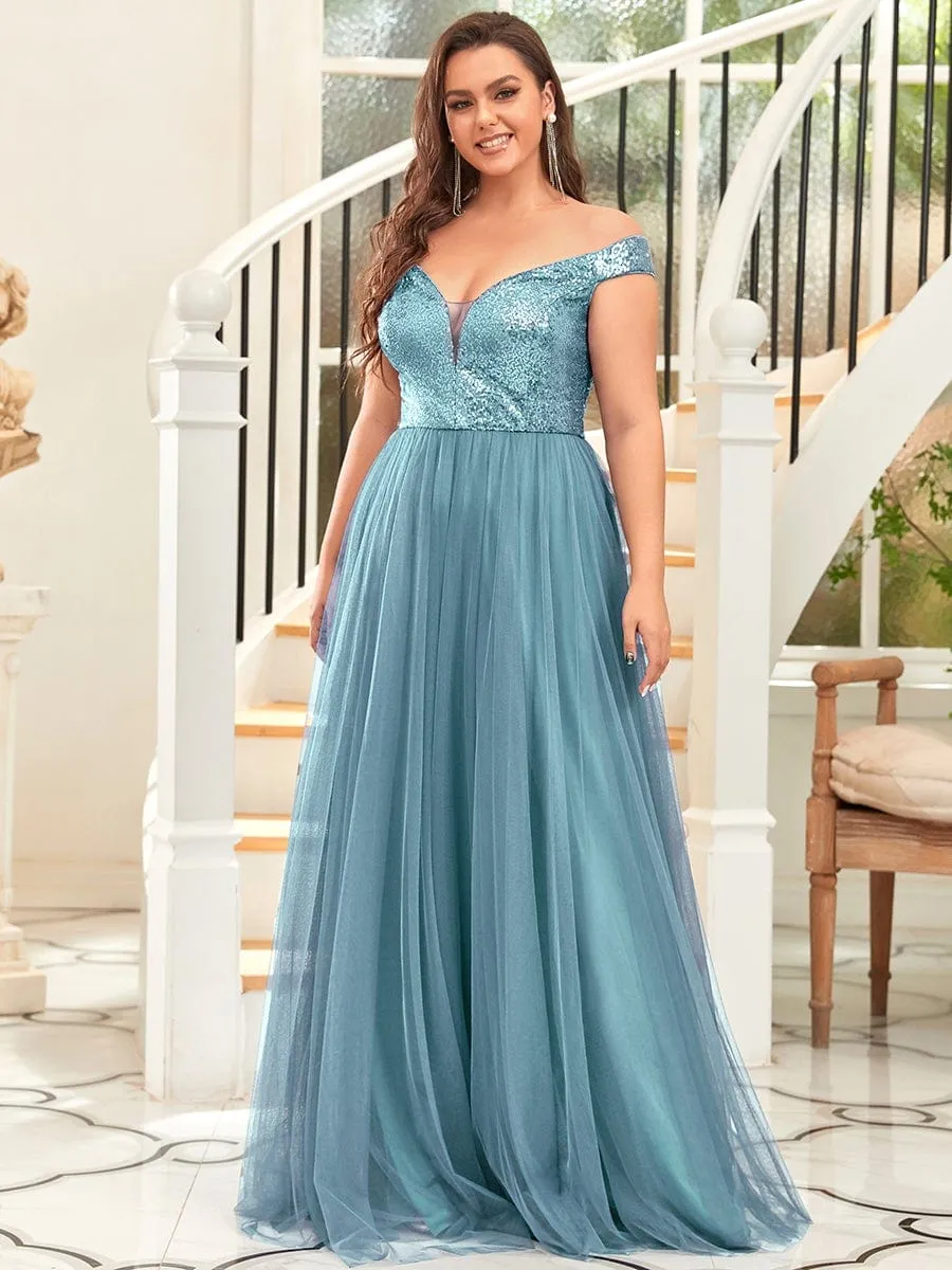 Shiny Sequin Bodice Off the Shoulder Maxi Tulle Evening Dress