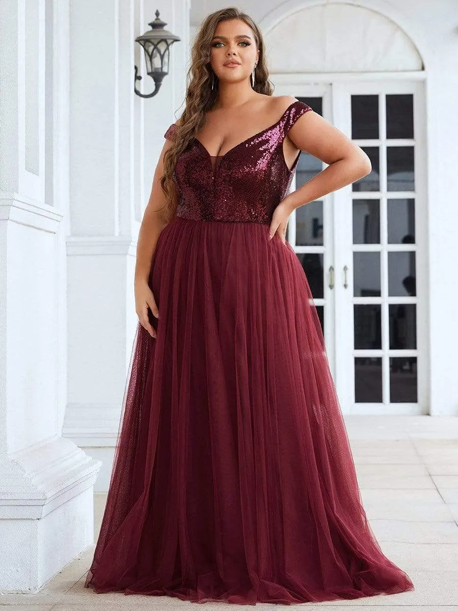 Shiny Sequin Bodice Off the Shoulder Maxi Tulle Evening Dress