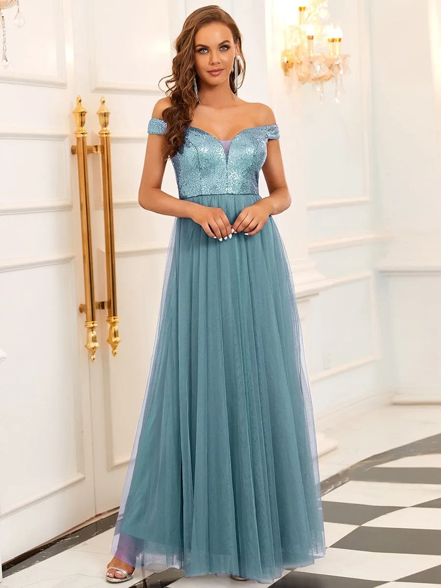 Shiny Sequin Bodice Off the Shoulder Maxi Tulle Evening Dress