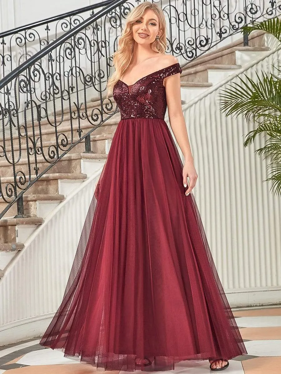 Shiny Sequin Bodice Off the Shoulder Maxi Tulle Evening Dress