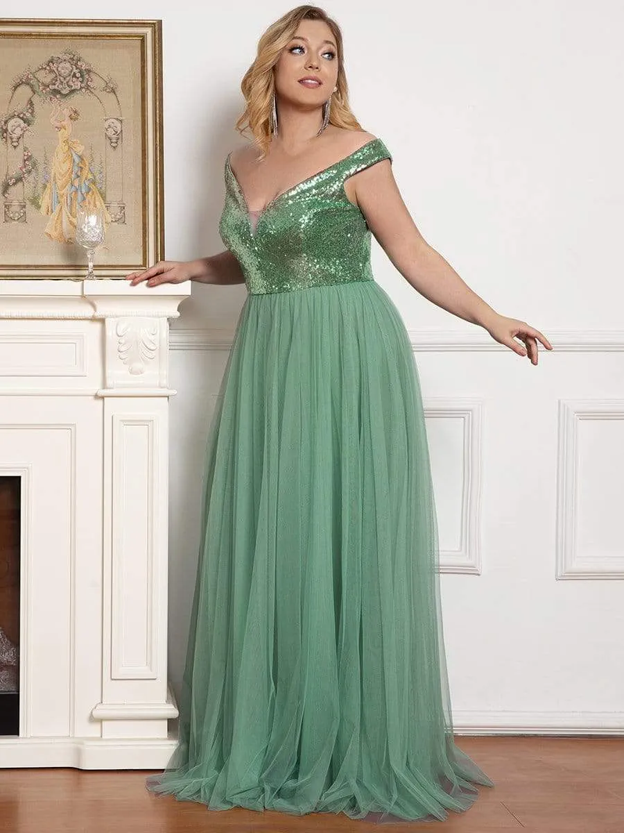 Shiny Sequin Bodice Off the Shoulder Maxi Tulle Evening Dress