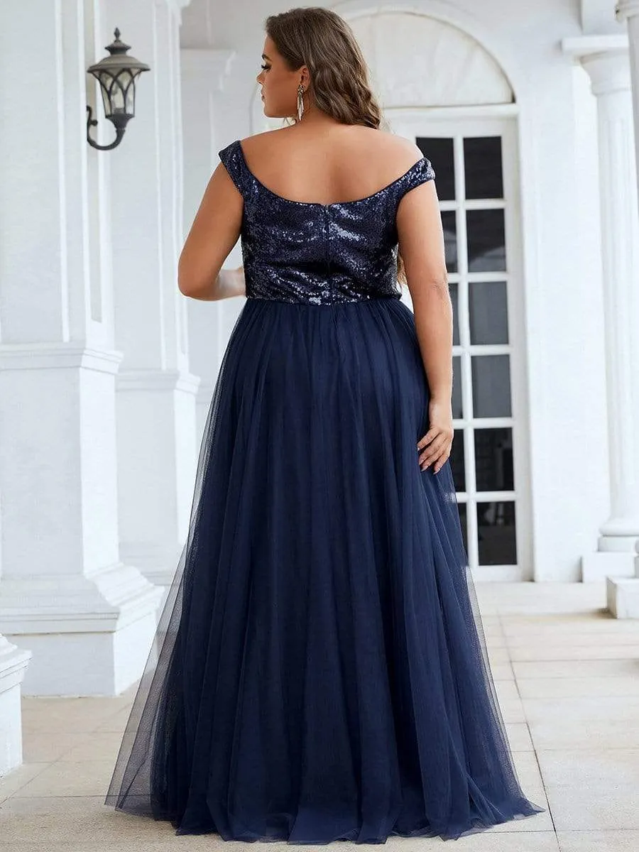 Shiny Sequin Bodice Off the Shoulder Maxi Tulle Evening Dress