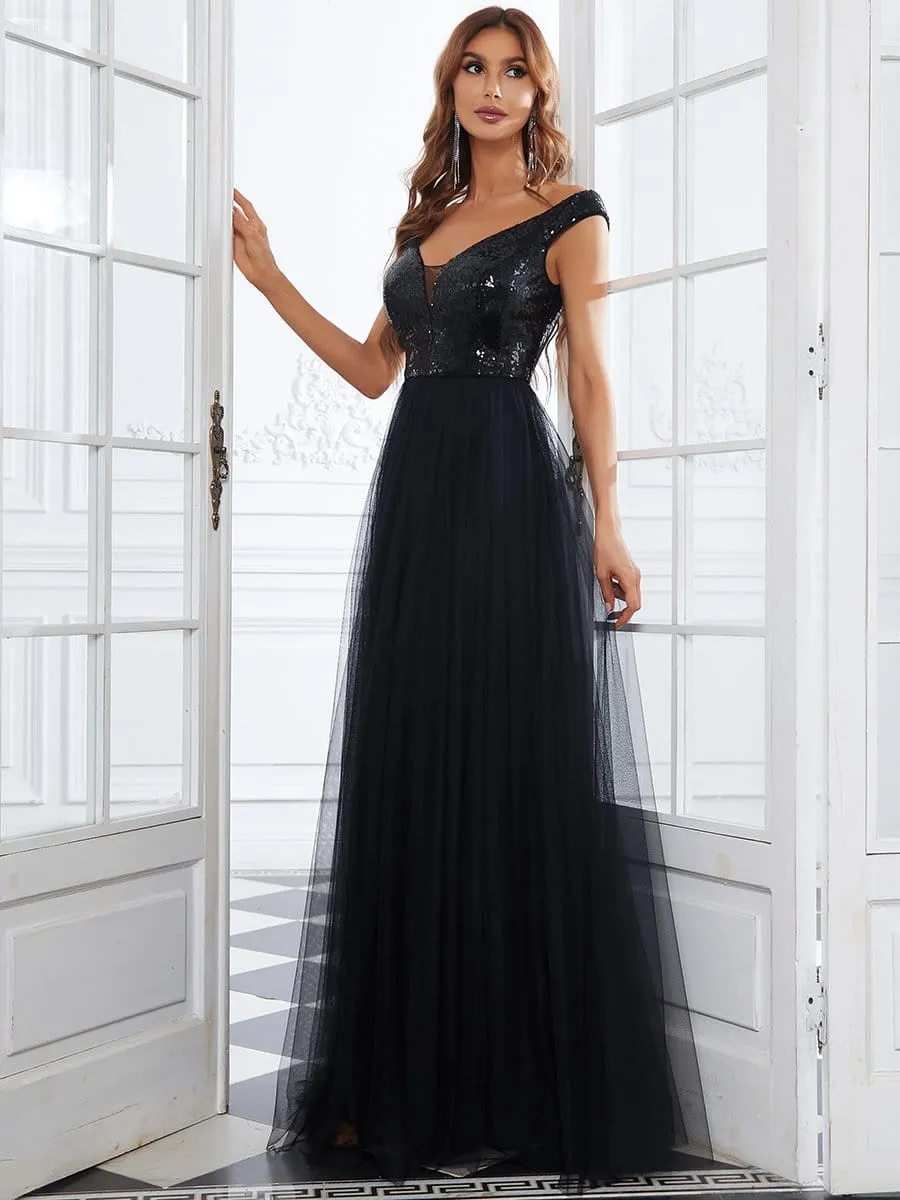 Shiny Sequin Bodice Off the Shoulder Maxi Tulle Evening Dress