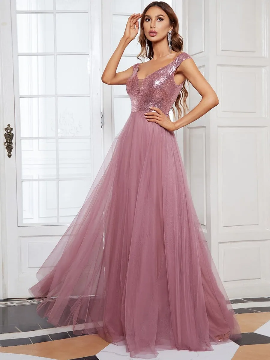 Shiny Sequin Bodice Off the Shoulder Maxi Tulle Evening Dress