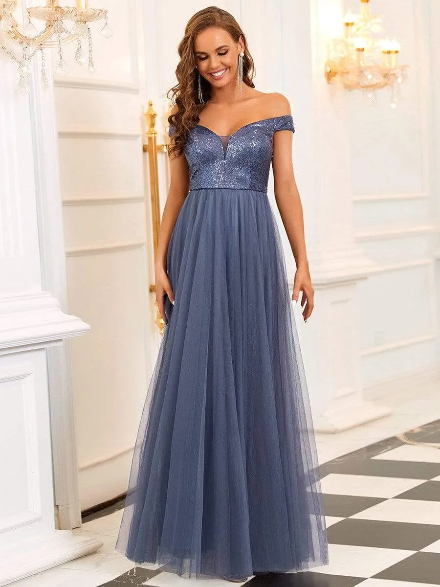 Shiny Sequin Bodice Off the Shoulder Maxi Tulle Evening Dress