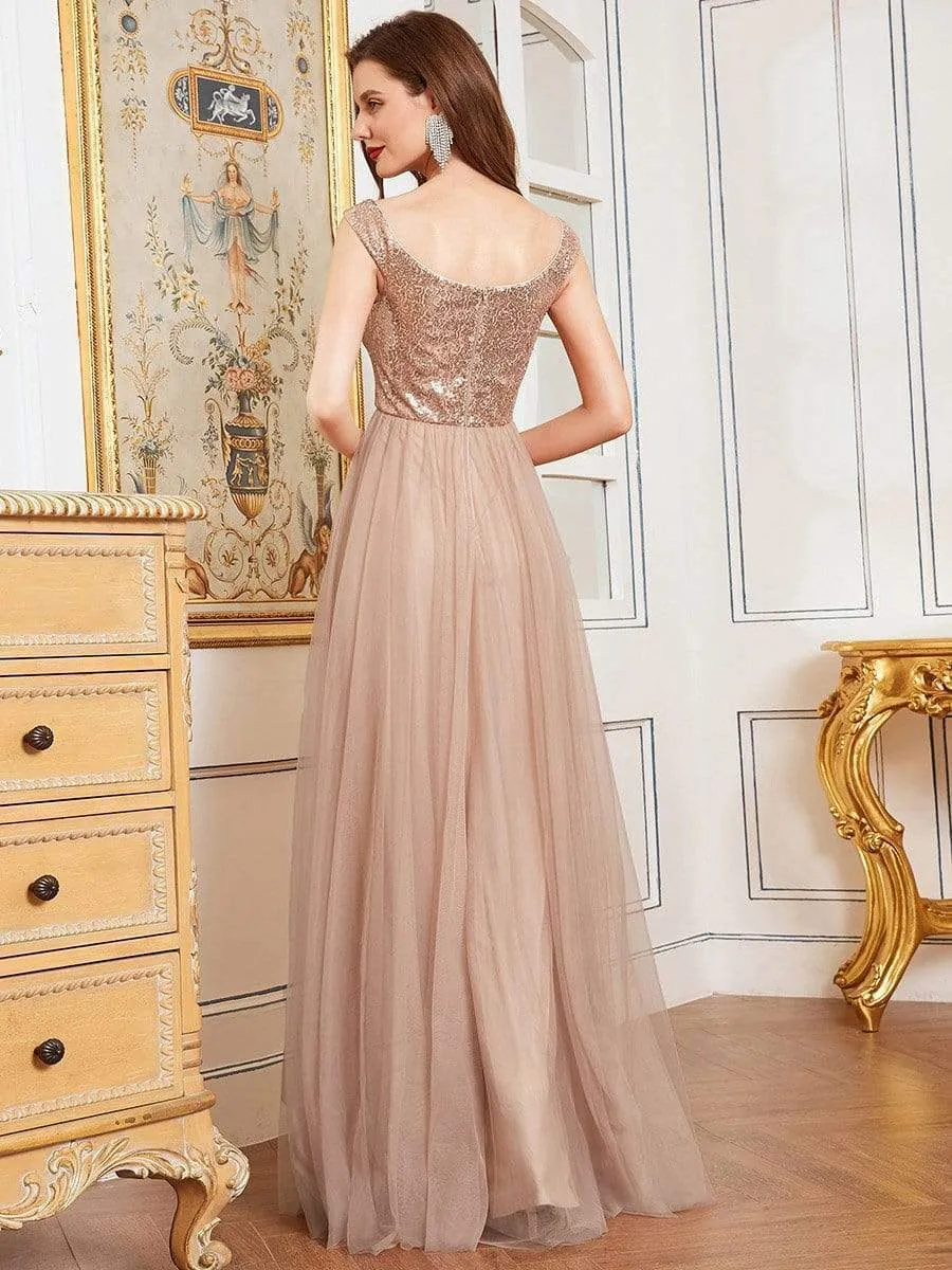 Shiny Sequin Bodice Off the Shoulder Maxi Tulle Evening Dress