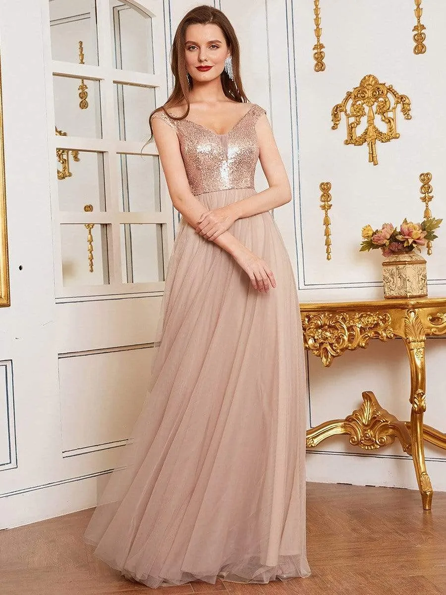 Shiny Sequin Bodice Off the Shoulder Maxi Tulle Evening Dress