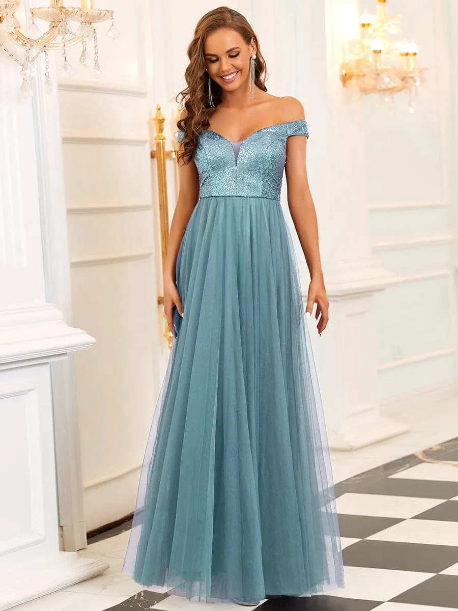 Shiny Sequin Bodice Off the Shoulder Maxi Tulle Evening Dress