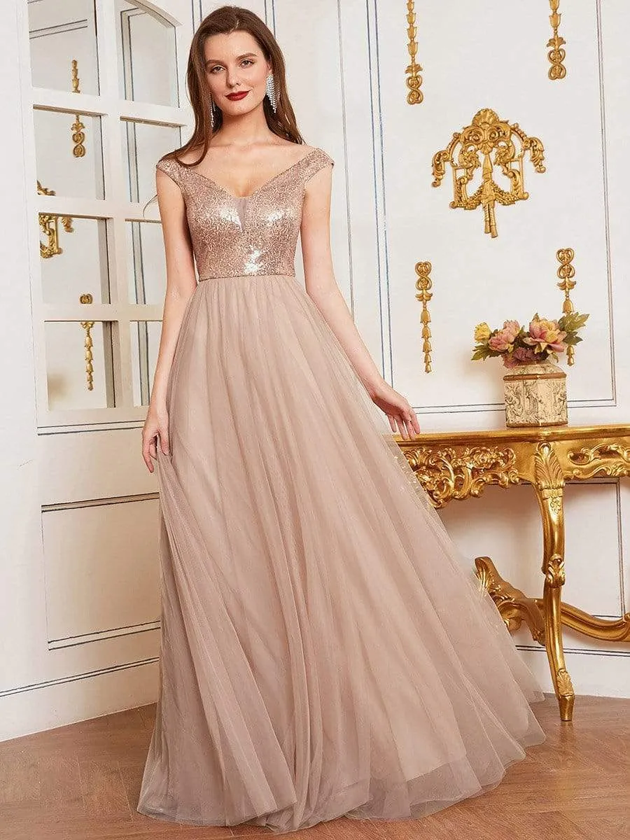 Shiny Sequin Bodice Off the Shoulder Maxi Tulle Evening Dress