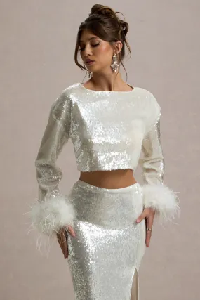 Solita | Sand Sequin Long-Sleeve Crop Top With Feather Trim