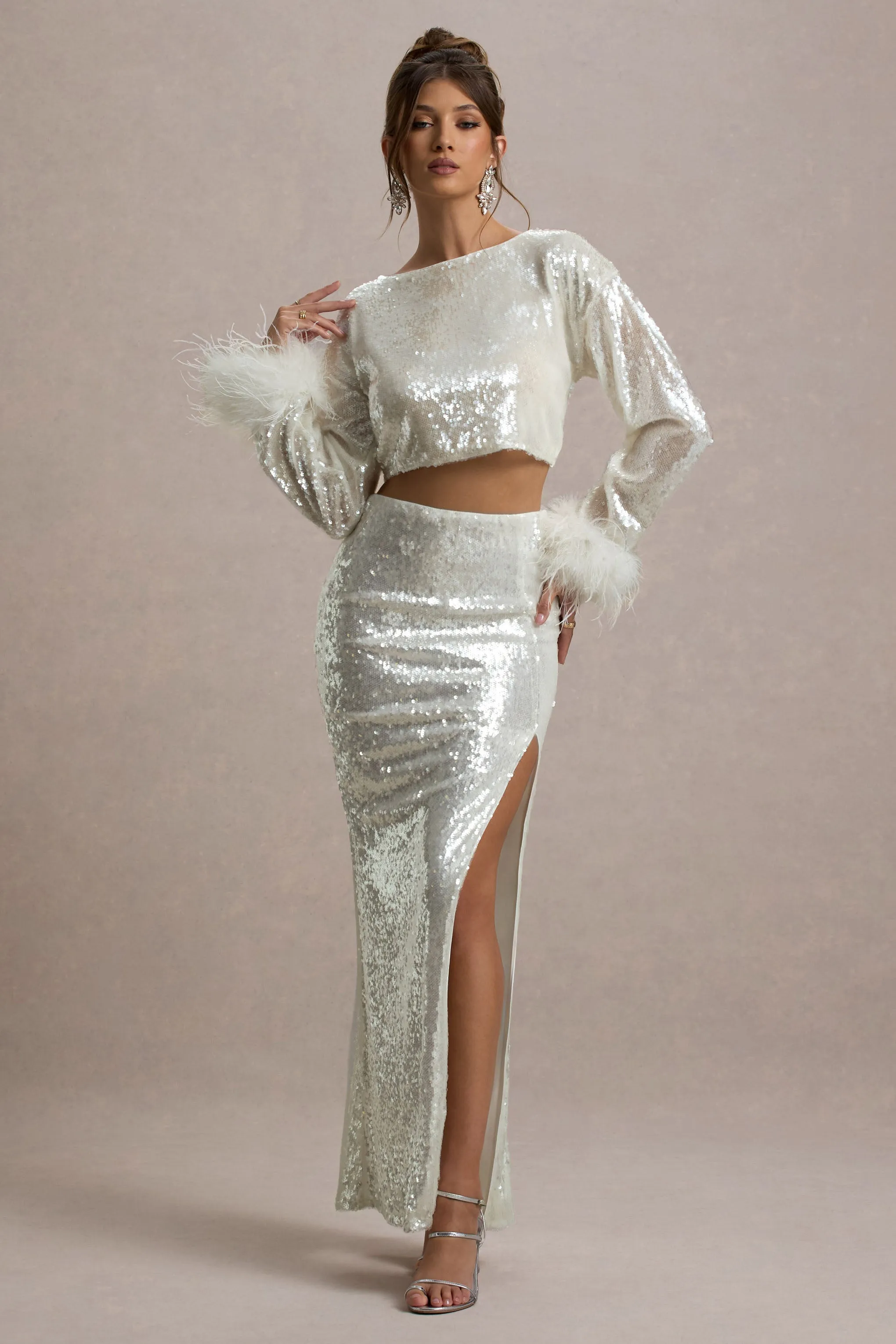 Solita | Sand Sequin Long-Sleeve Crop Top With Feather Trim