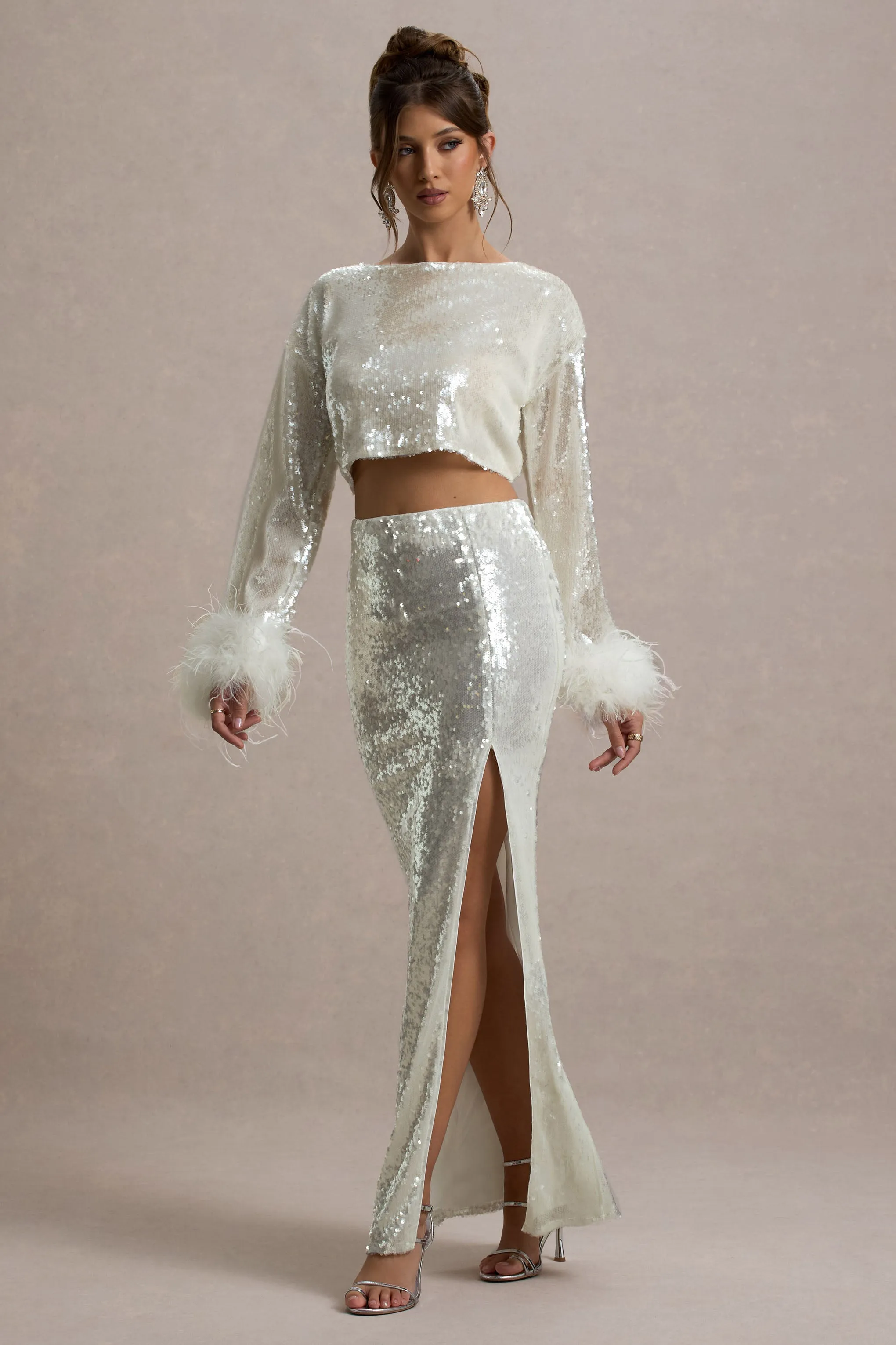 Solita | Sand Sequin Long-Sleeve Crop Top With Feather Trim