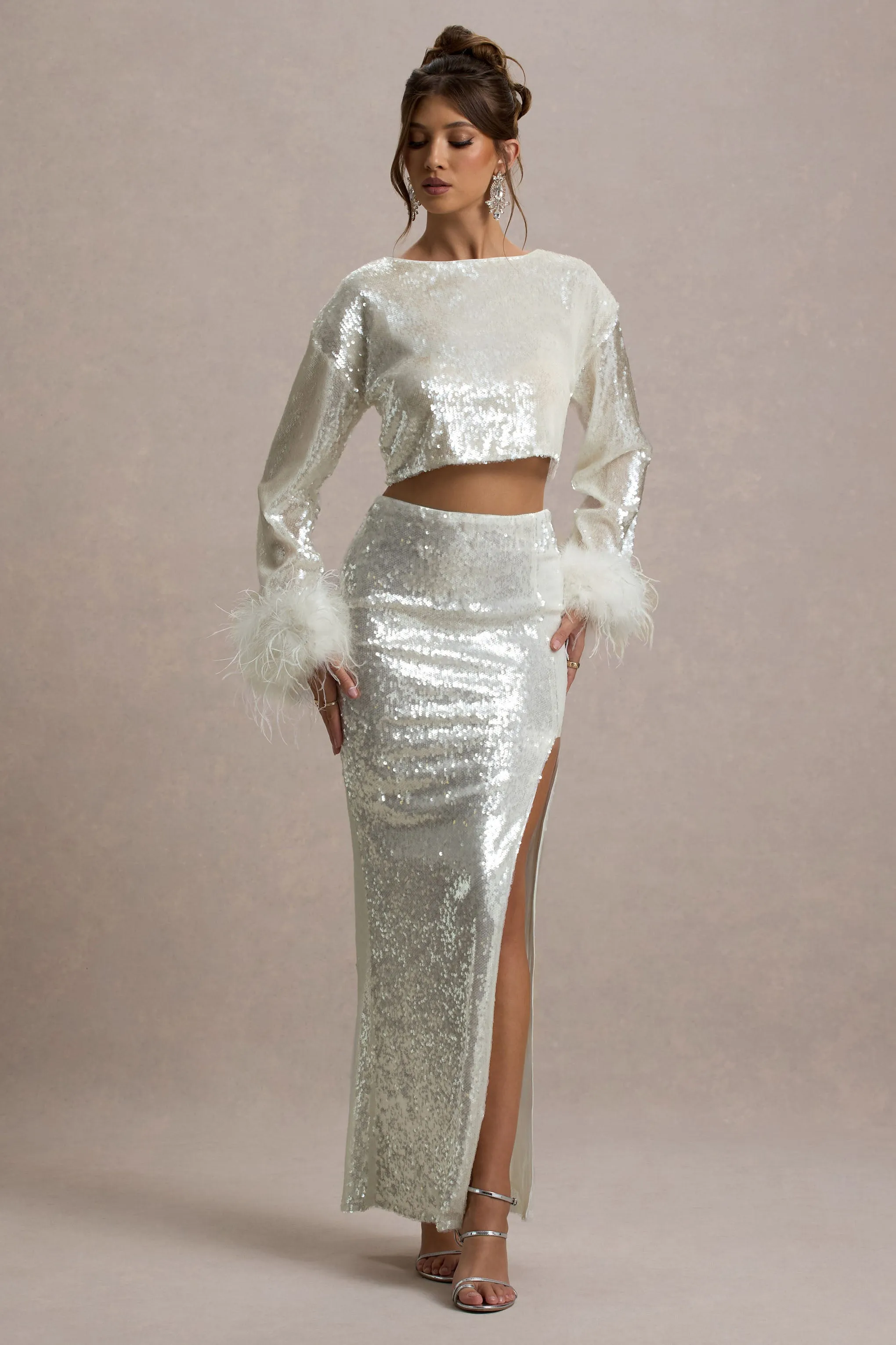 Solita | Sand Sequin Long-Sleeve Crop Top With Feather Trim