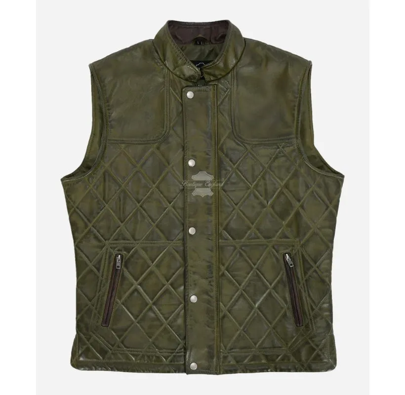 The Olive Green Quilted Gilet Men's Sleeveless Leather Jacket