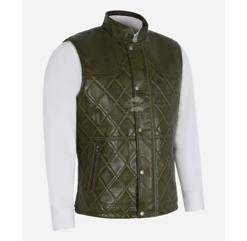 The Olive Green Quilted Gilet Men's Sleeveless Leather Jacket