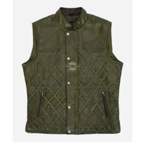 The Olive Green Quilted Gilet Men's Sleeveless Leather Jacket