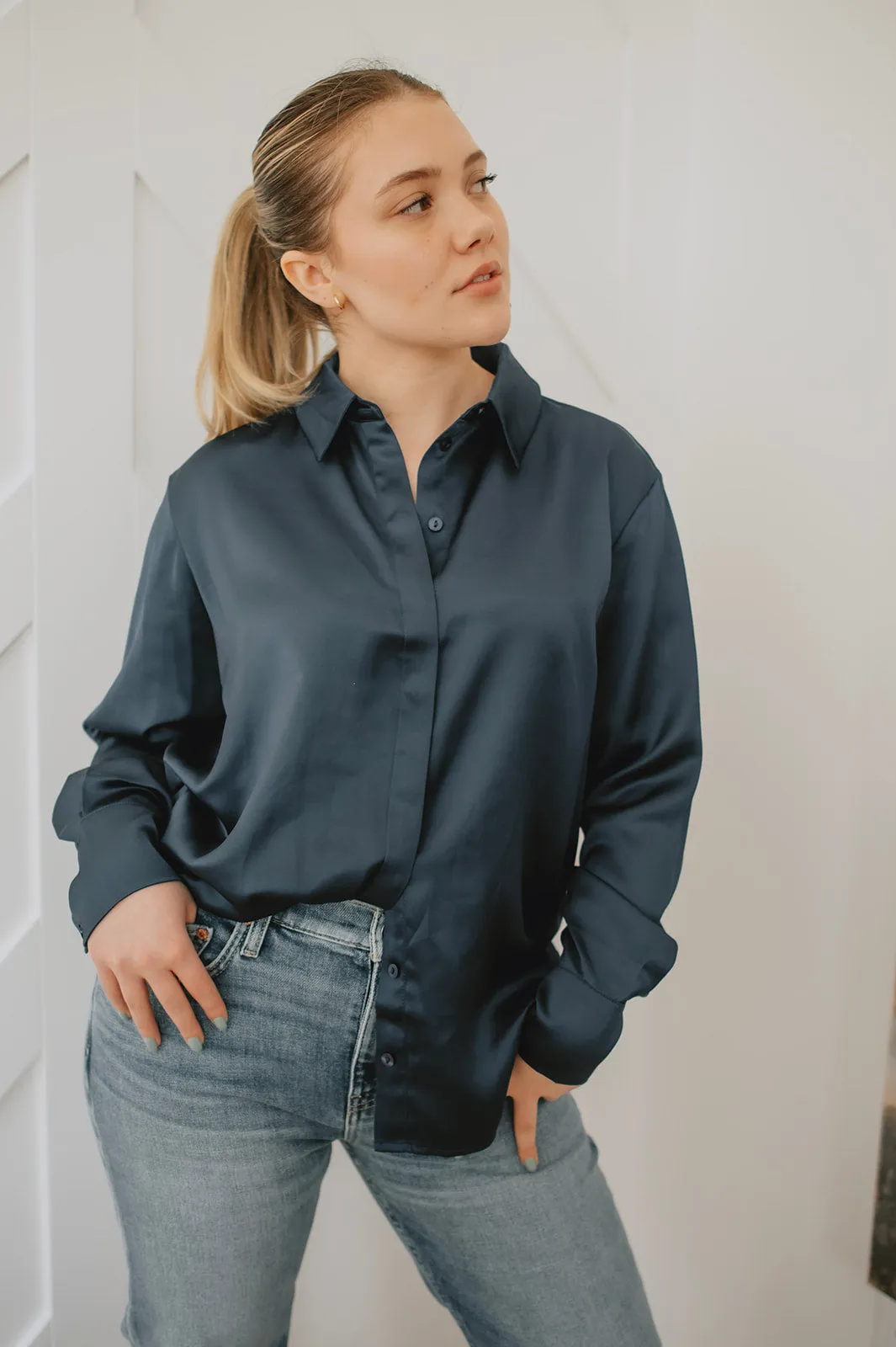 The Oversized Satin Shirt - Navy