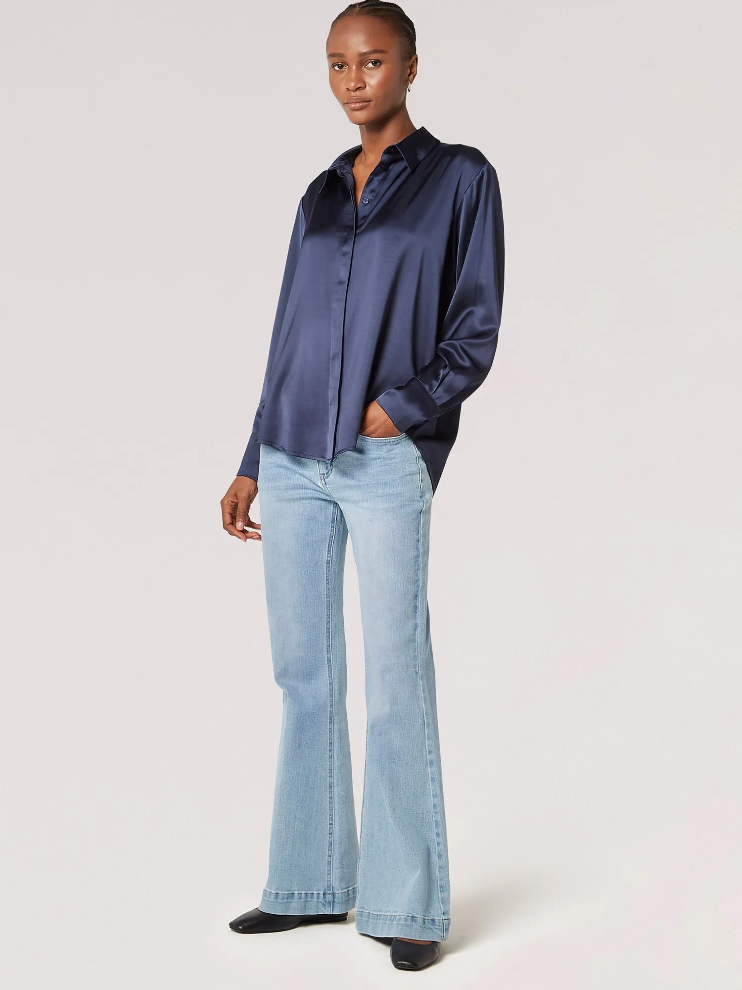 The Oversized Satin Shirt - Navy