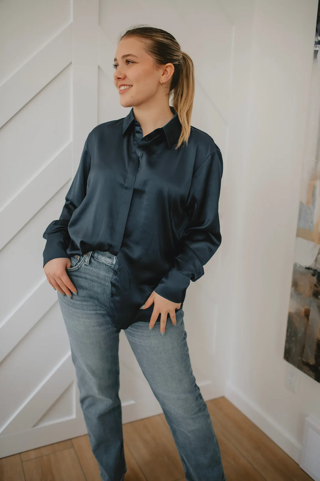 The Oversized Satin Shirt - Navy