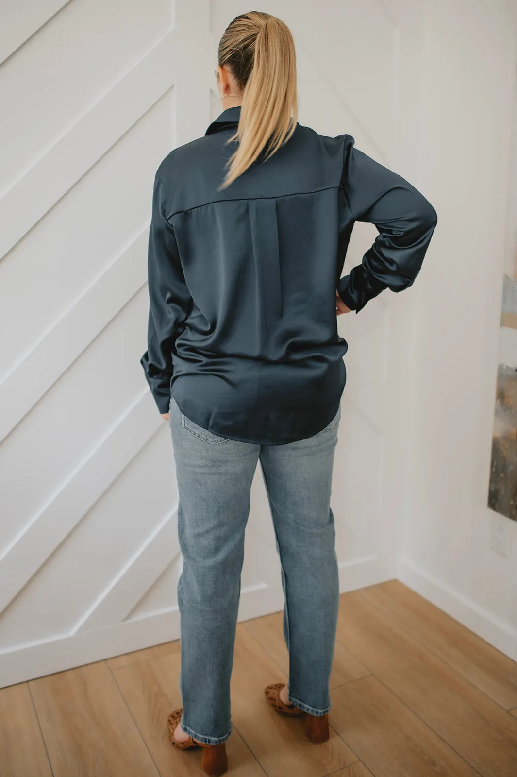 The Oversized Satin Shirt - Navy