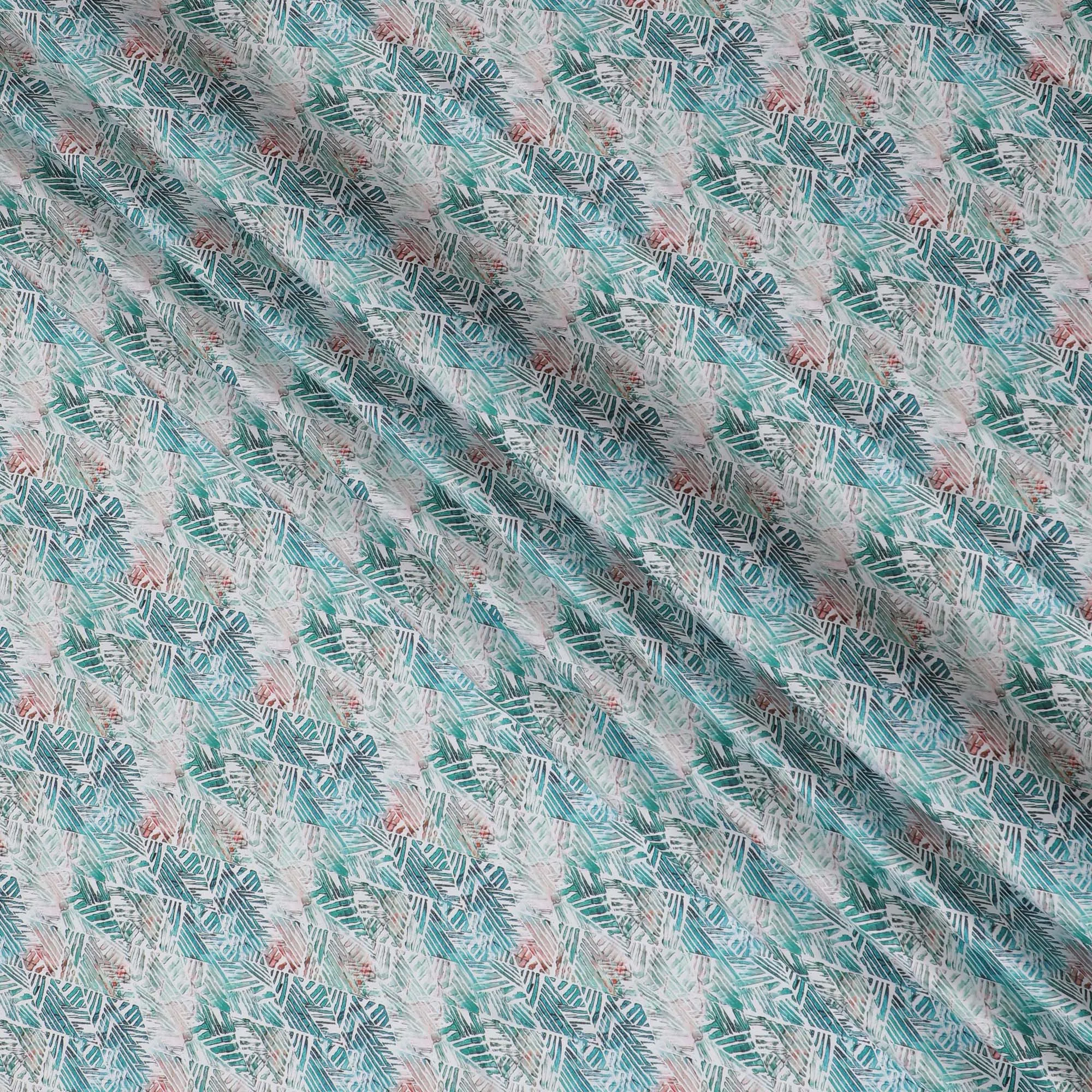 Tropical Aqua Cotton Satin Fabric with Coral Leaf Impressions, 110 cm Wide-D19201