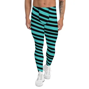 Turquoise Blue Striped Men's Leggings, Diagonally Striped Colorful Modern Premium Tights For Men