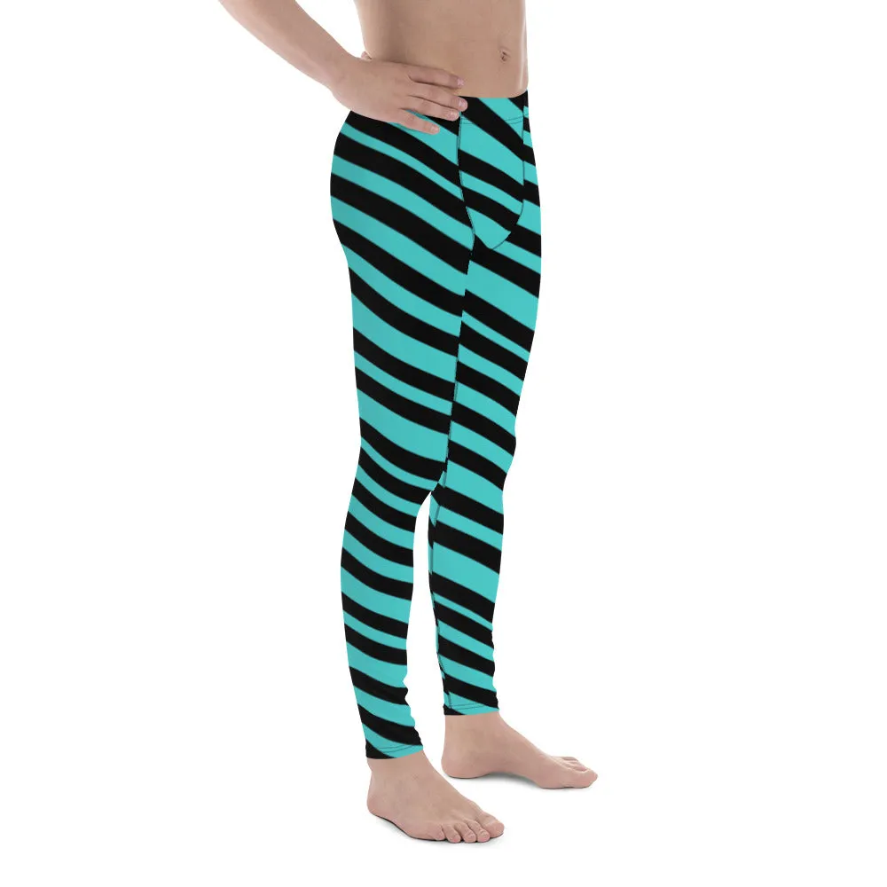 Turquoise Blue Striped Men's Leggings, Diagonally Striped Colorful Modern Premium Tights For Men