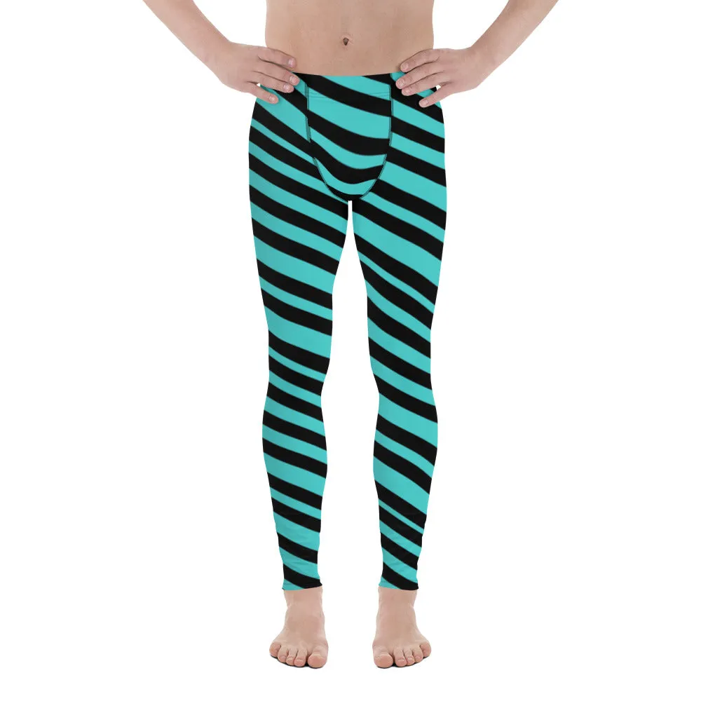 Turquoise Blue Striped Men's Leggings, Diagonally Striped Colorful Modern Premium Tights For Men