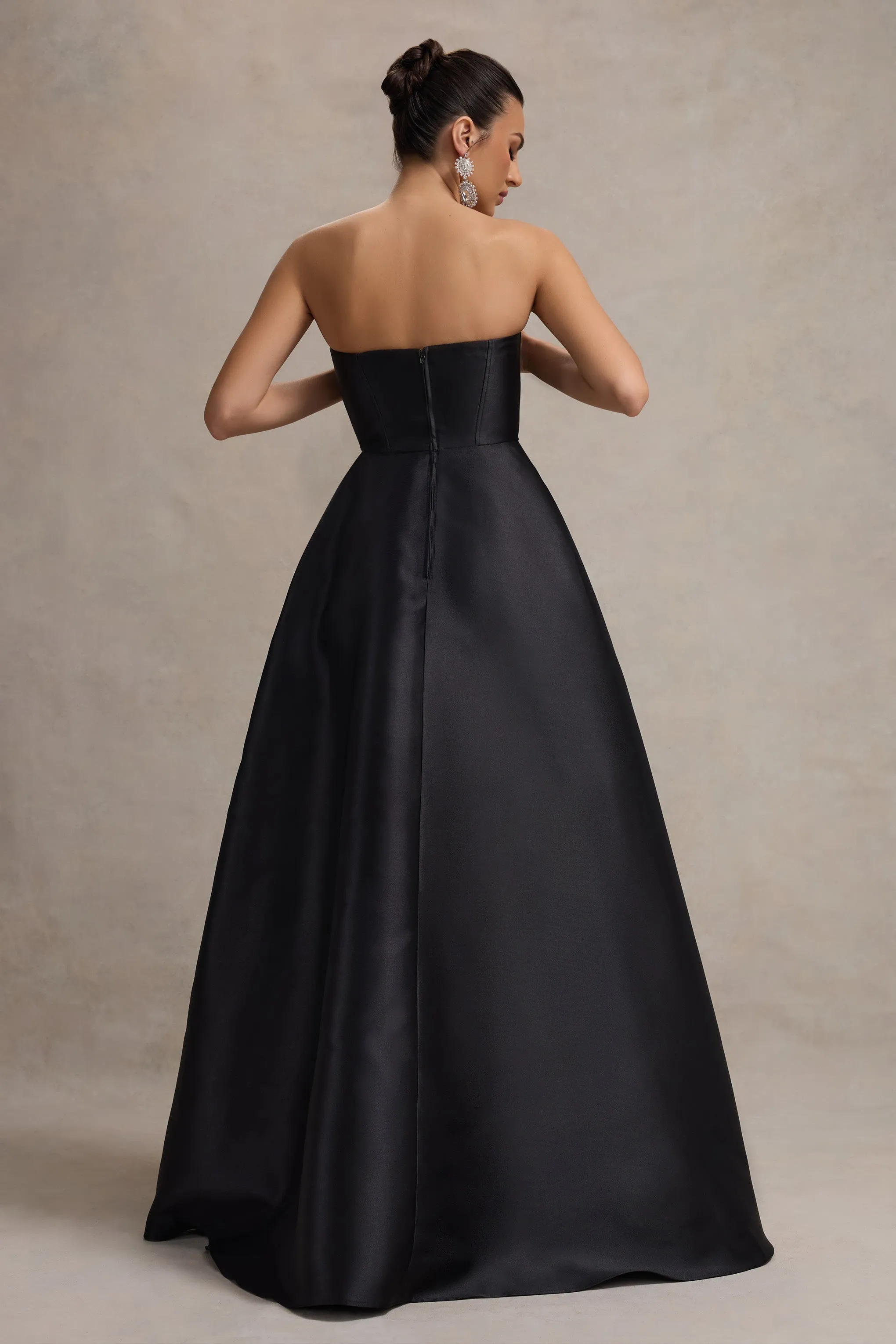 Universe | Black Bandeau Puff-Skirt Split Maxi Dress