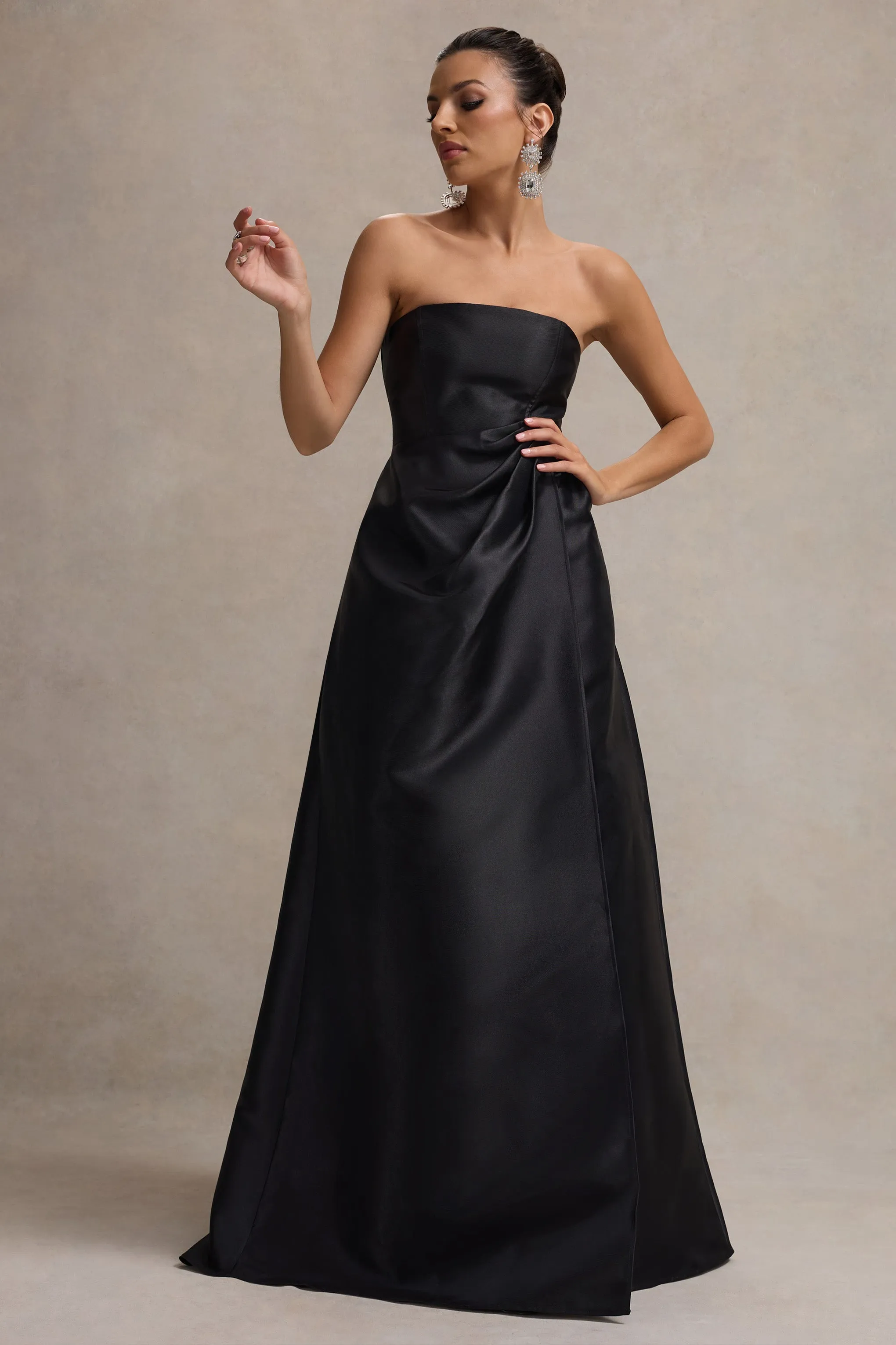 Universe | Black Bandeau Puff-Skirt Split Maxi Dress