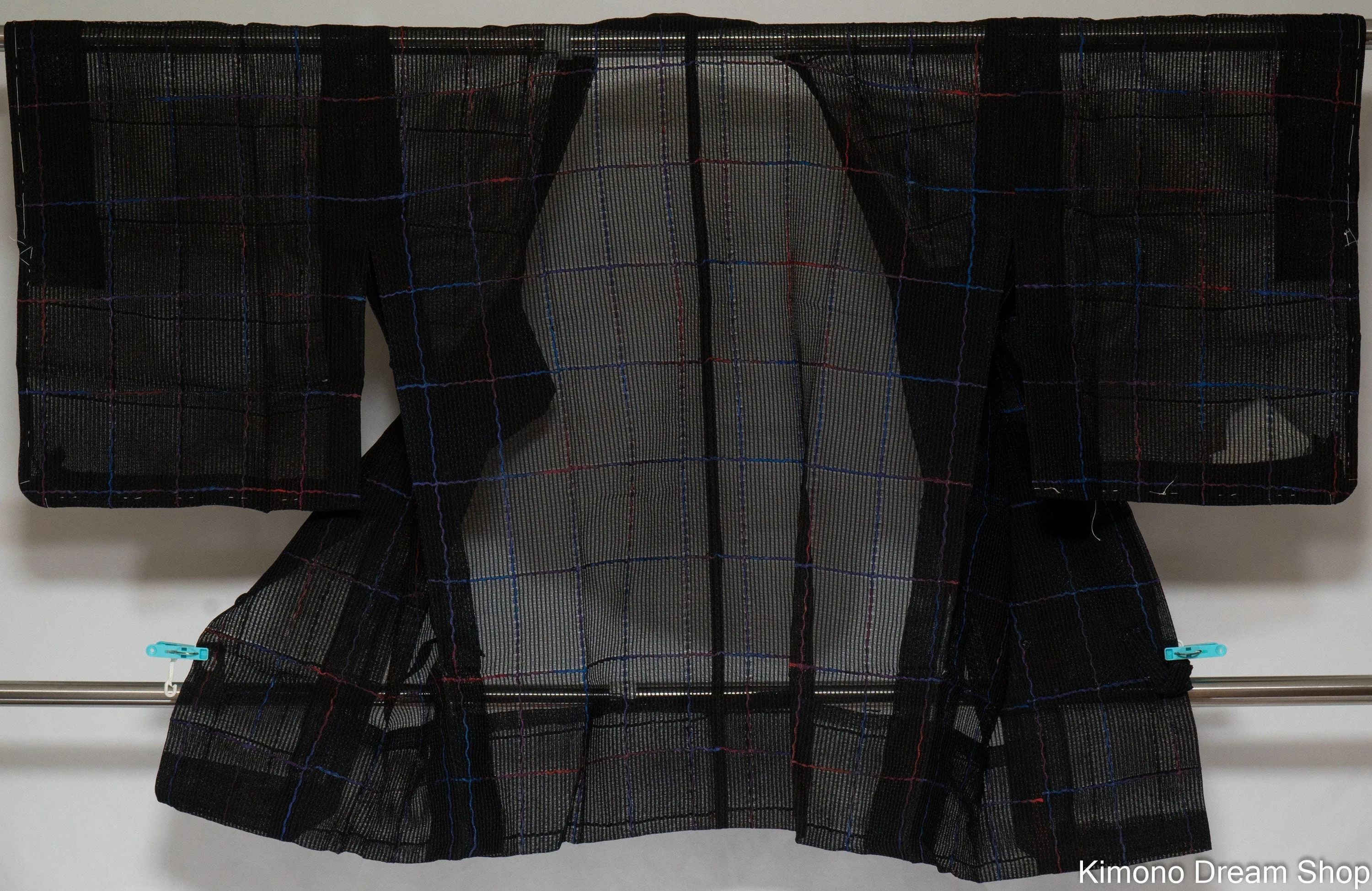 Unused Black Yukata Michiyuki - Traditional Summer Kimono Jacket - Lightweight Polyester Haori - Breathable - Black with Blue & Red Stripes