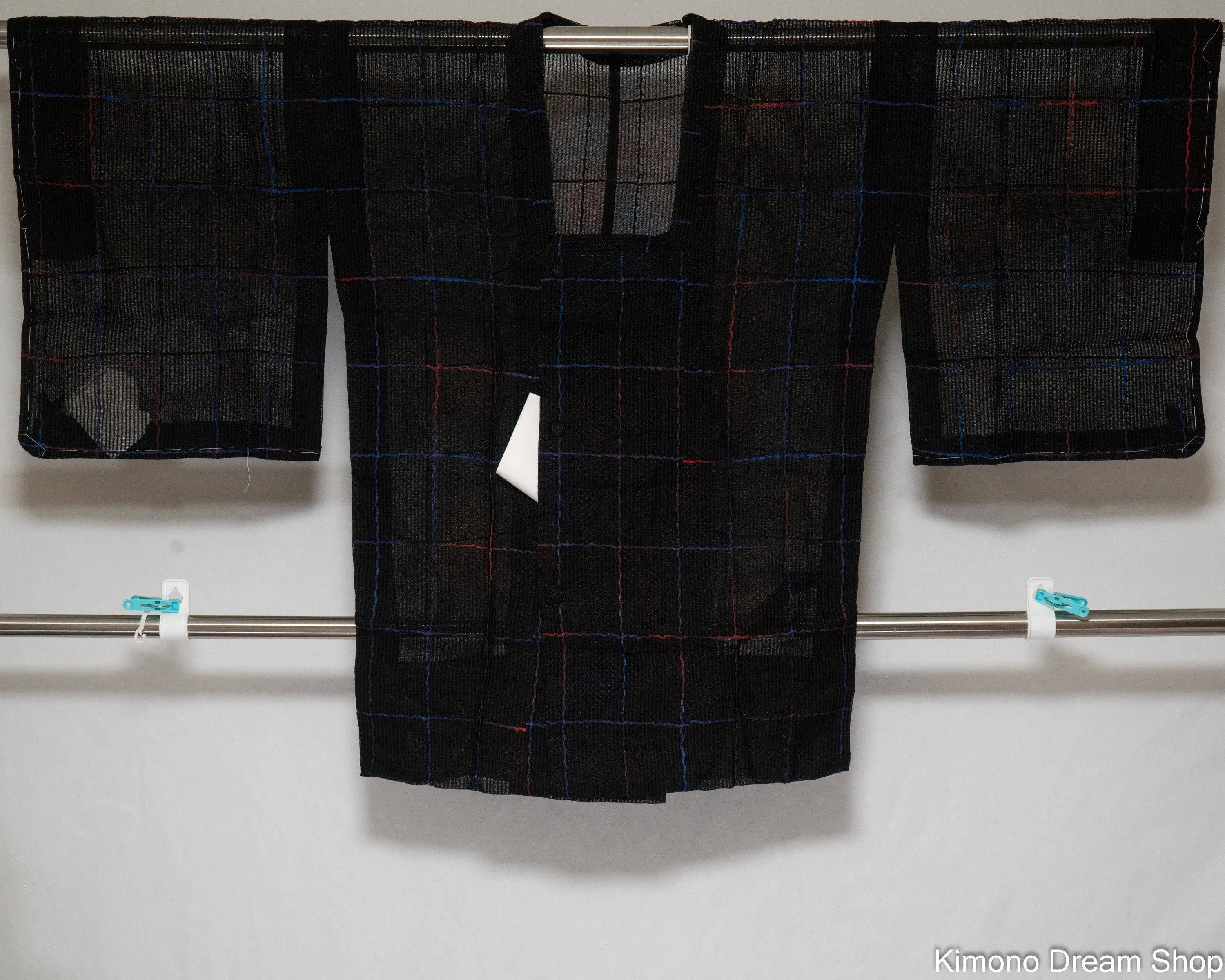 Unused Black Yukata Michiyuki - Traditional Summer Kimono Jacket - Lightweight Polyester Haori - Breathable - Black with Blue & Red Stripes