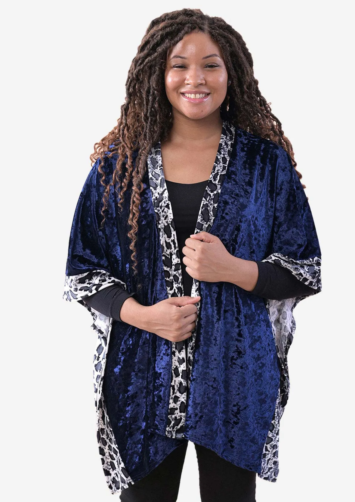 Velvet Kimono With Leopard Print Border