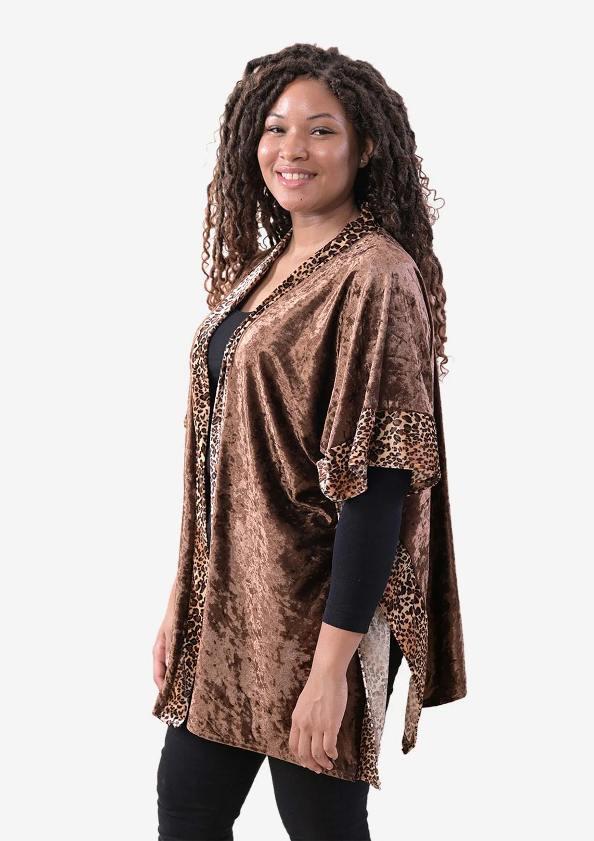 Velvet Kimono With Leopard Print Border