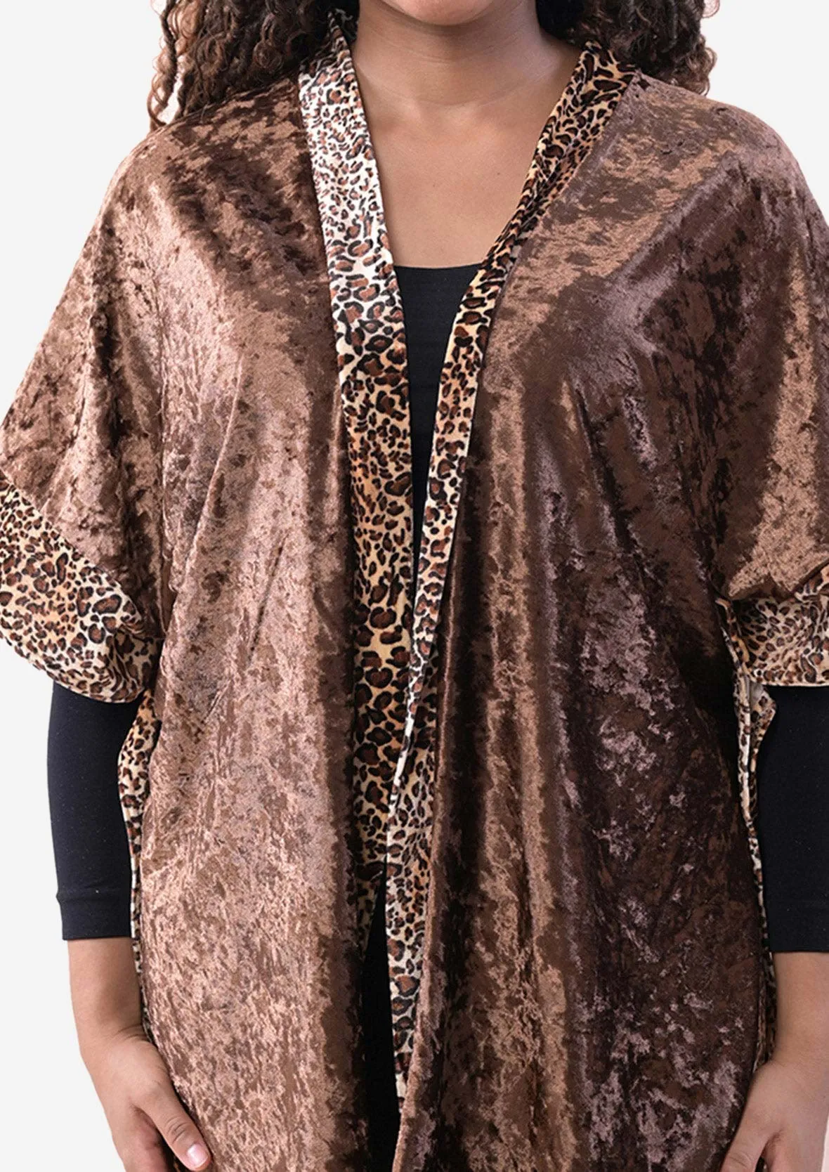 Velvet Kimono With Leopard Print Border