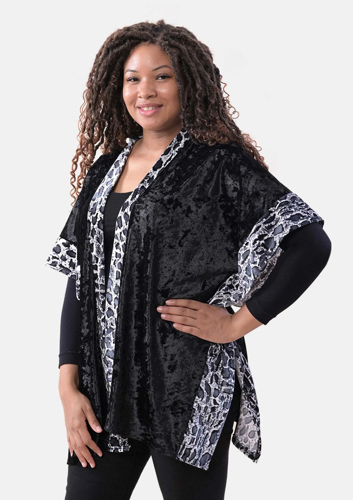 Velvet Kimono With Leopard Print Border