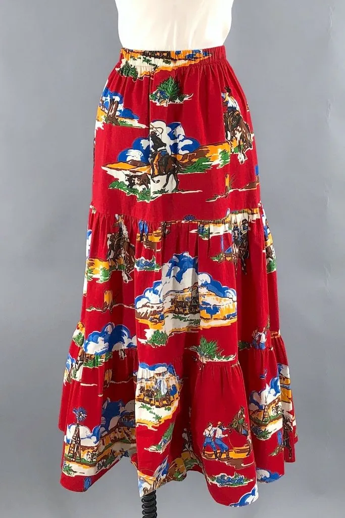 Vintage Western Novelty Print Maxi Skirt