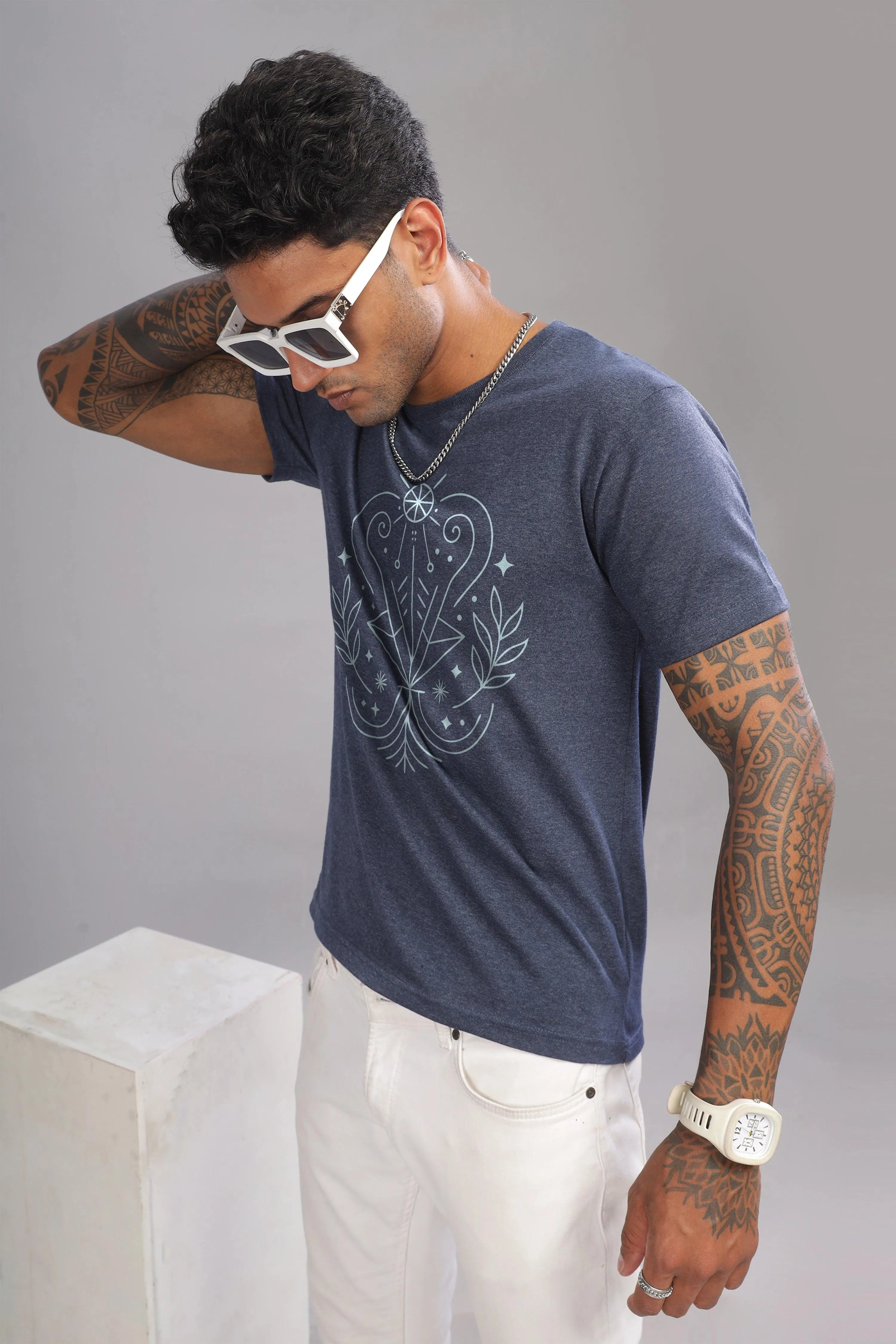 Virgo Vision Denim Blue Half Sleeve Printed Round Neck T-Shirt