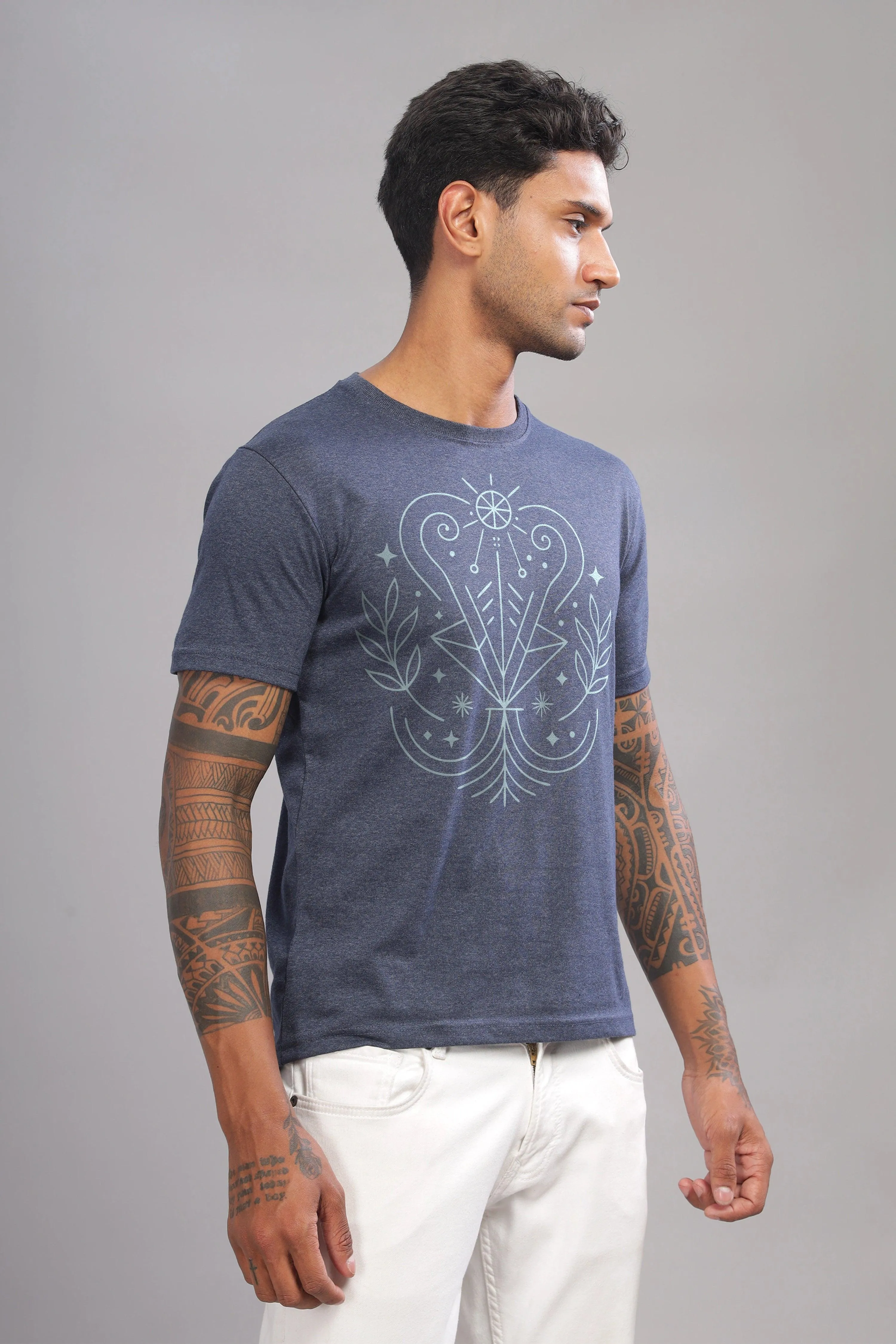 Virgo Vision Denim Blue Half Sleeve Printed Round Neck T-Shirt